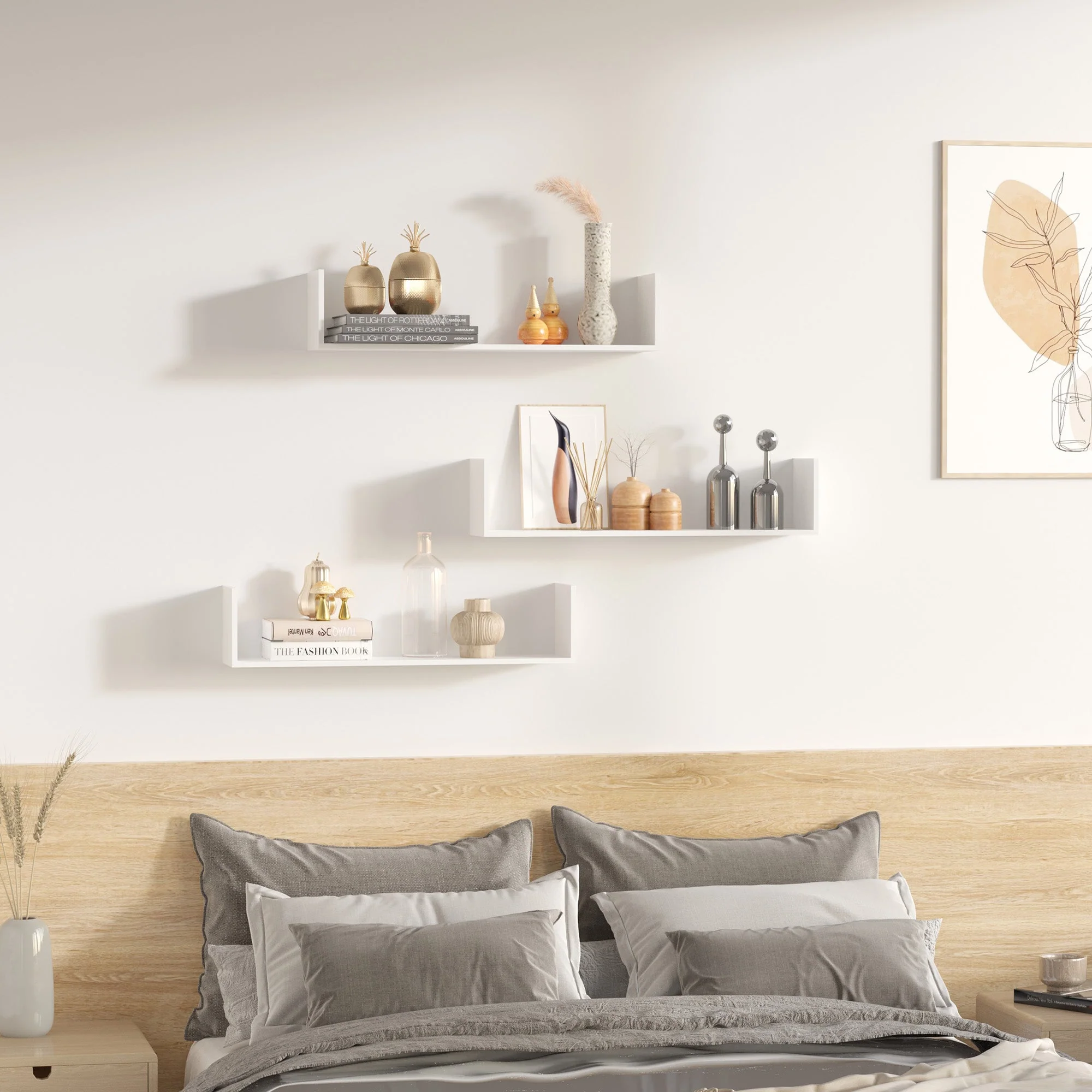3-Piece U-Shaped Floating Shelves Wall Mount Bookshelf for Bedroom Kitchen - Image 4