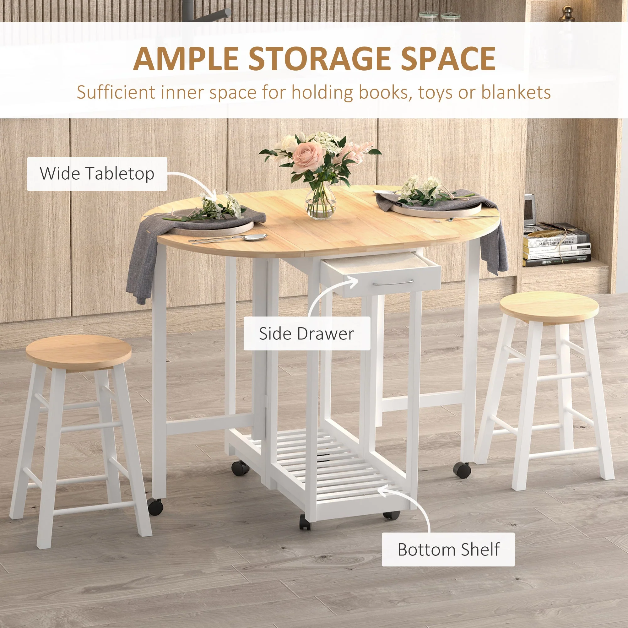 3-Piece Wooden Kitchen Cart Mobile Rolling Trolley Folding Bar Table Two Stools Dining Chair Storage Shelf w/2 Drawers & 6 Wheels - Image 5