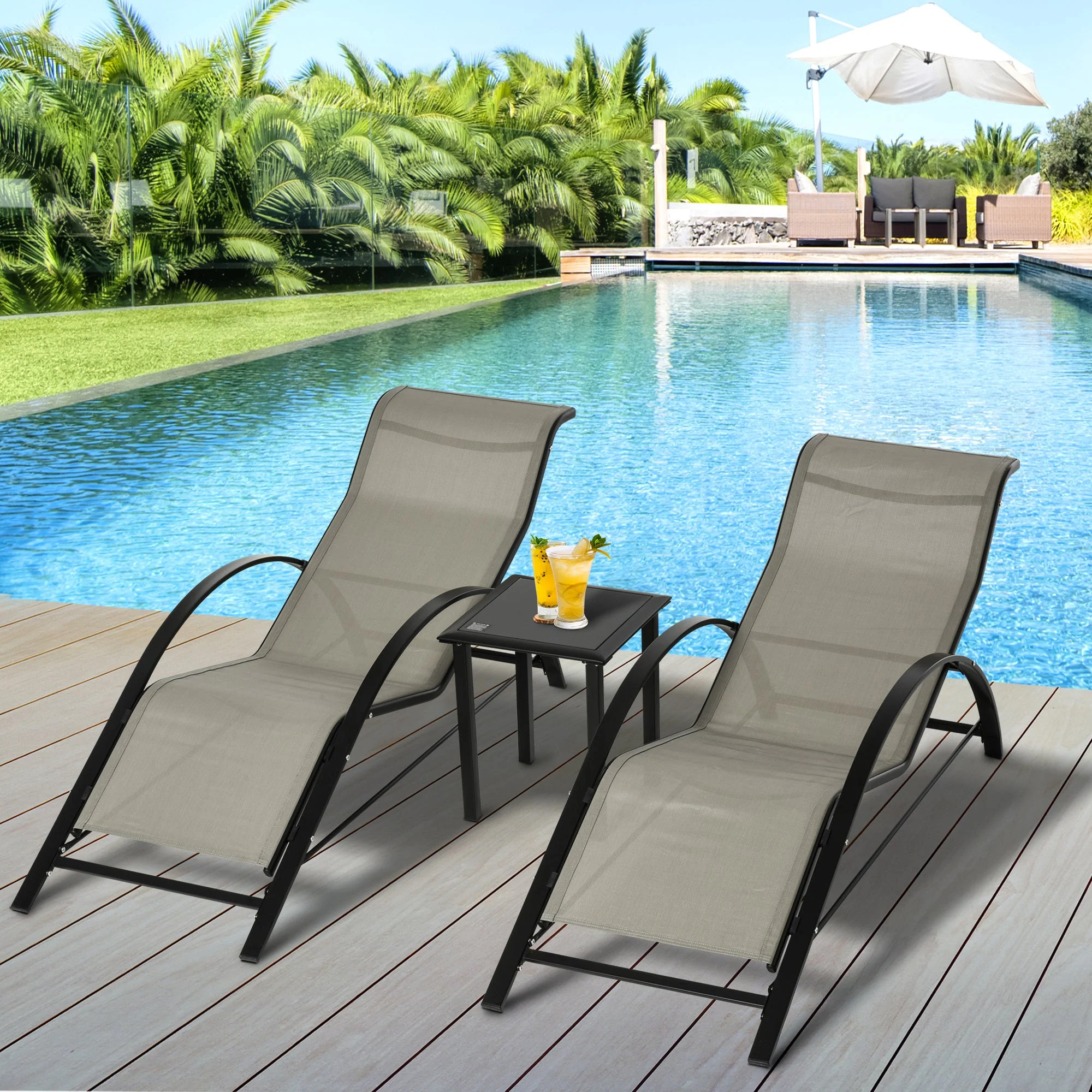 3-Pieces Lounge Chair Set Metal Frame Garden Outdoor Recliner Sunbathing Chair with Table - Image 2