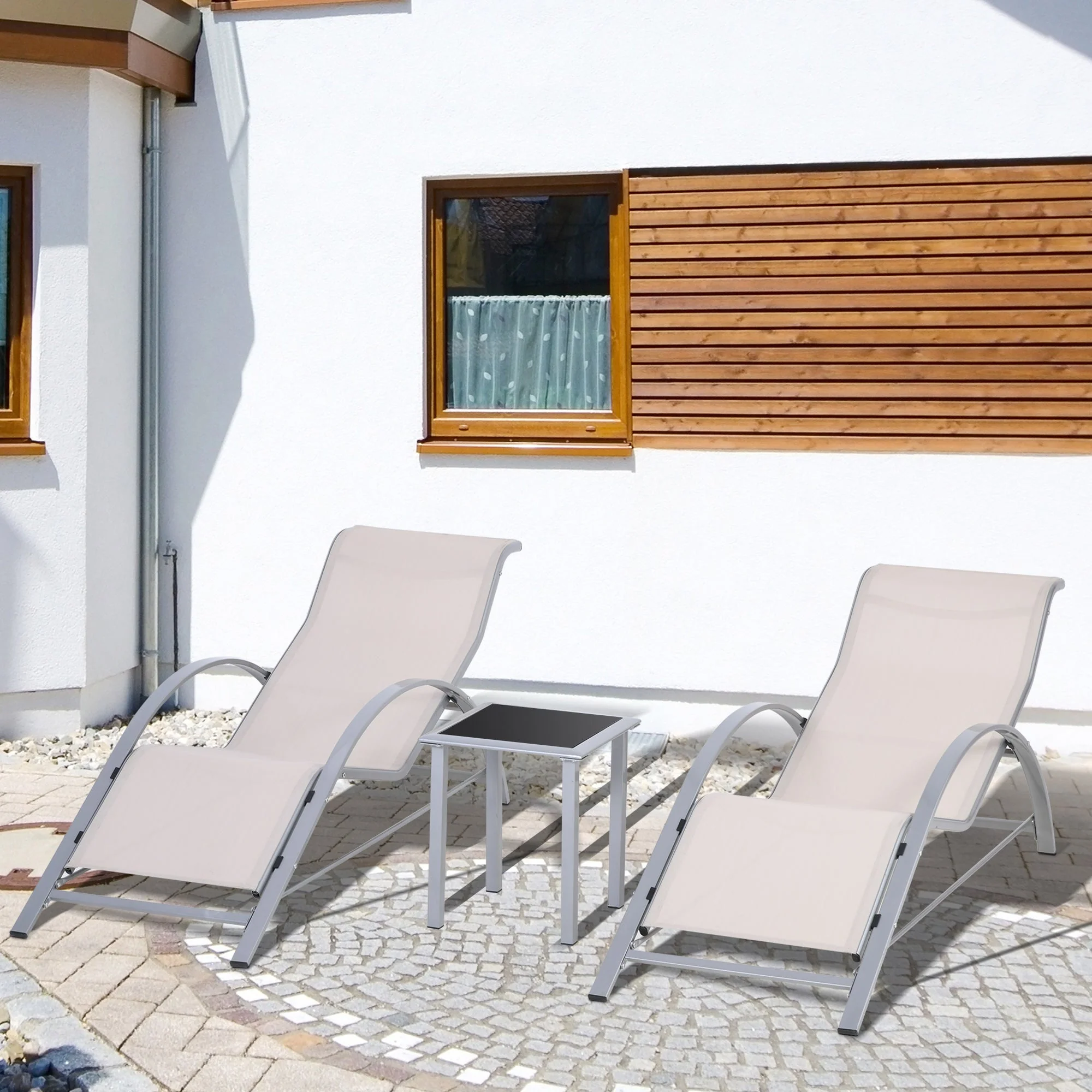 3-Pieces Lounge Chair Set Metal Frame Garden Outdoor Recliner Sunbathing Chair with Table - Image 2