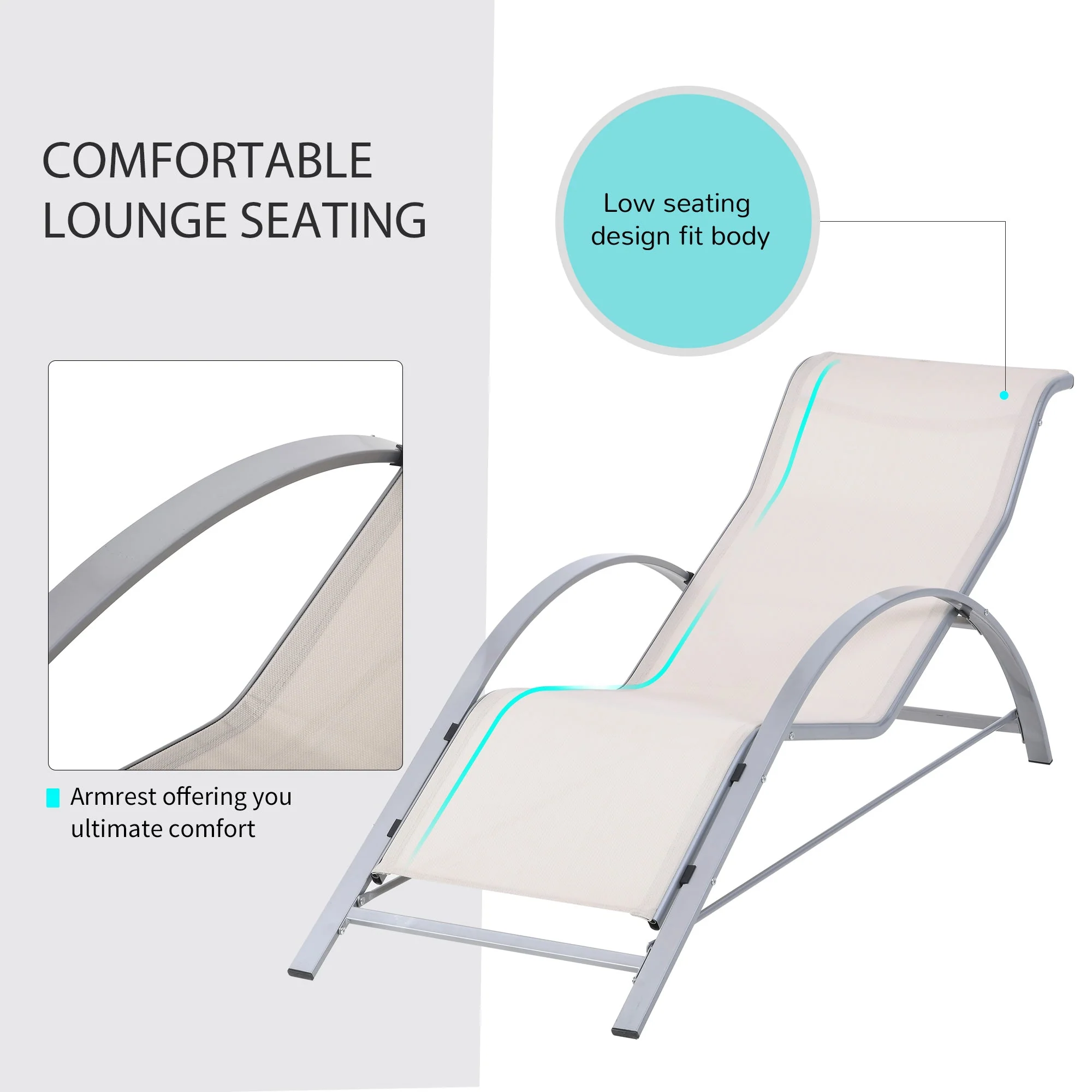 3-Pieces Lounge Chair Set Metal Frame Garden Outdoor Recliner Sunbathing Chair with Table - Image 4