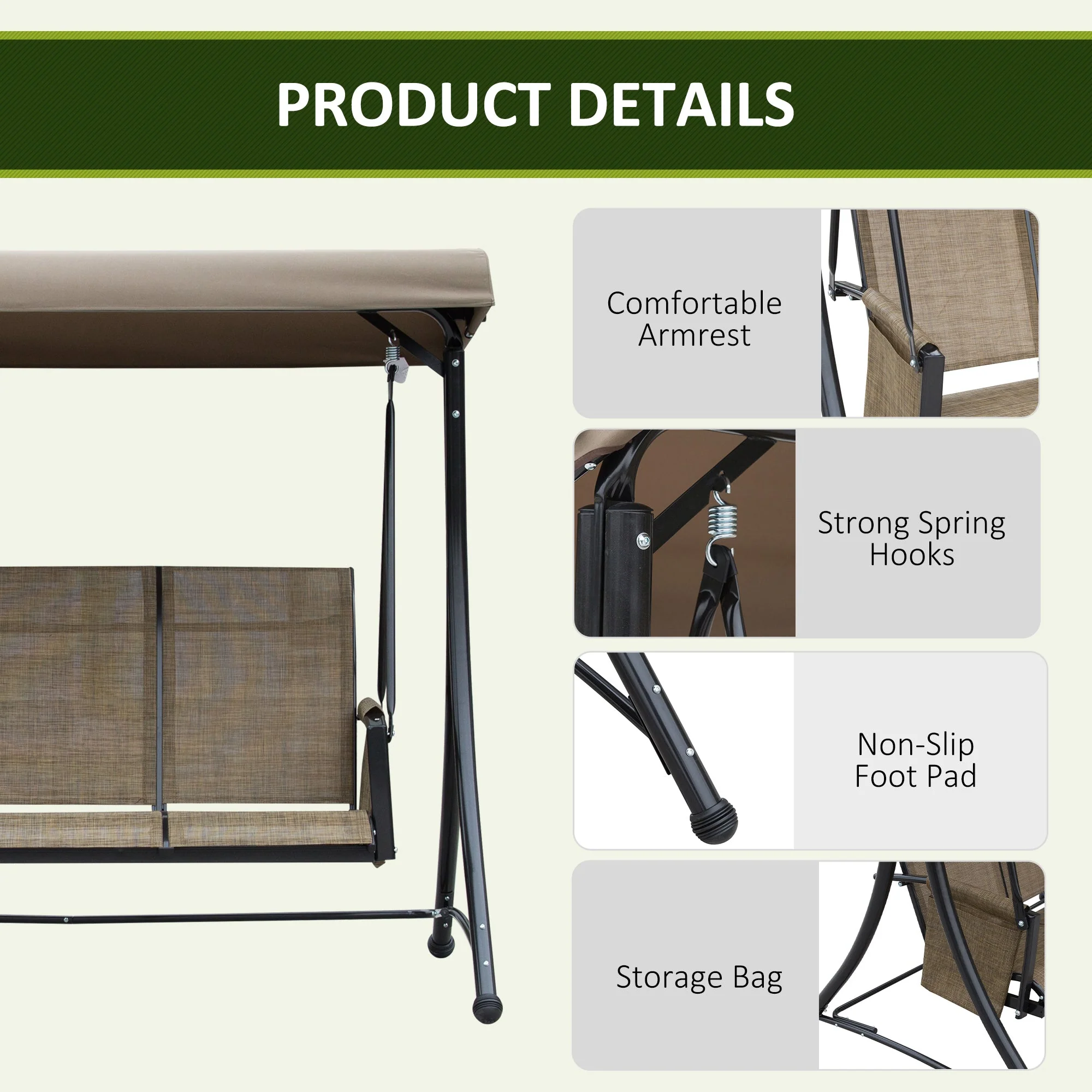 3 Seater Garden Swing Seat Outdoor Swing Chair with High Back Design - Image 6