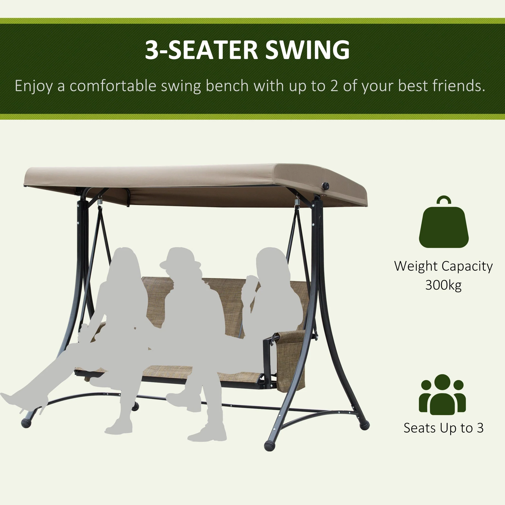 3 Seater Garden Swing Seat Outdoor Swing Chair with High Back Design - Image 7