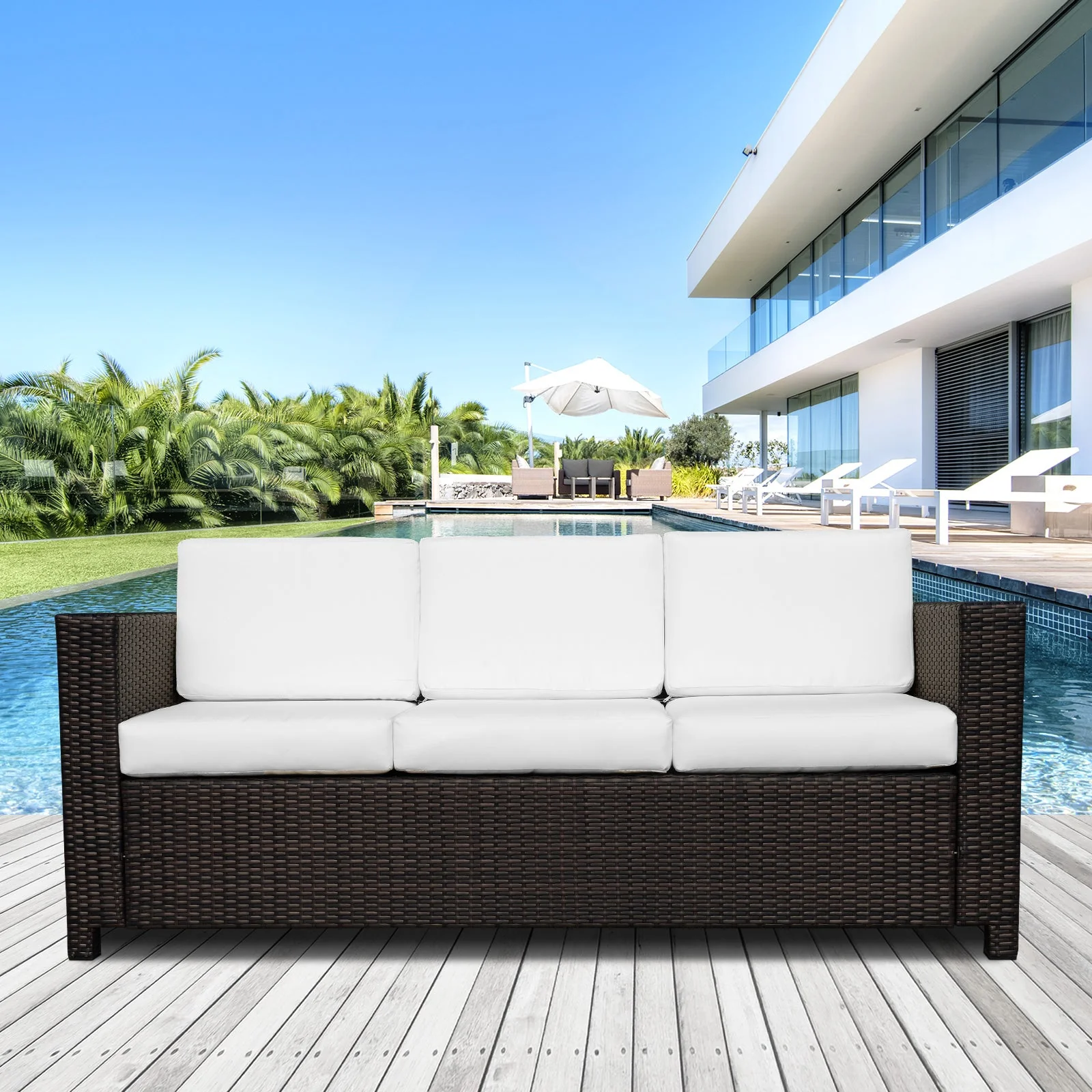 3 Seater Rattan Sofa All-Weather Wicker Weave Metal Frame Chair with Fire Resistant Cushio-Brown - Image 2