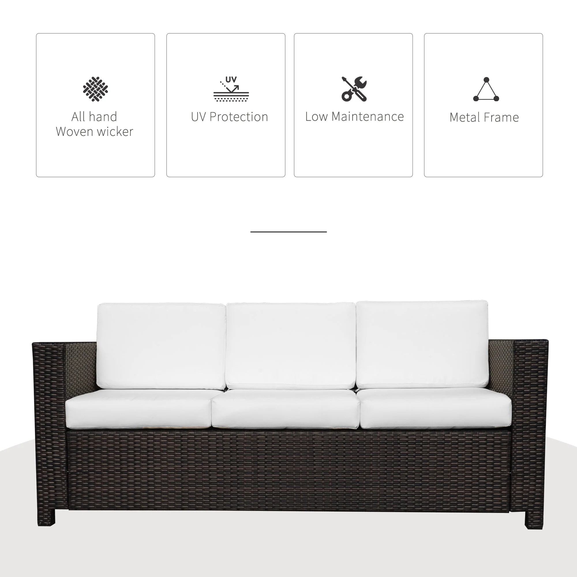 3 Seater Rattan Sofa All-Weather Wicker Weave Metal Frame Chair with Fire Resistant Cushio-Brown - Image 4