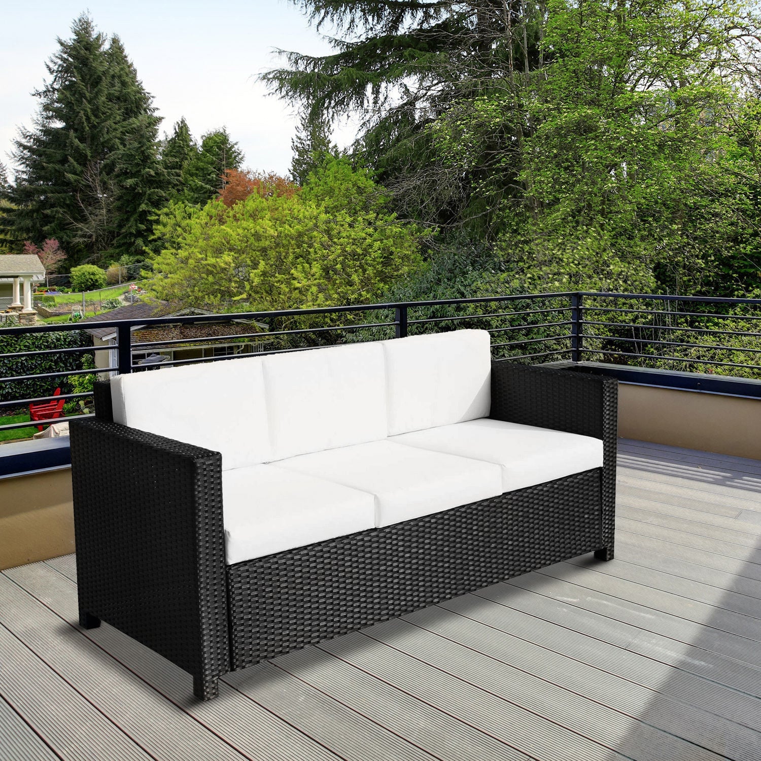 3 Seater Rattan Sofa All-Weather Wicker Weave Metal Frame Chair with Fire Resistant Cushion-Black - Image 2