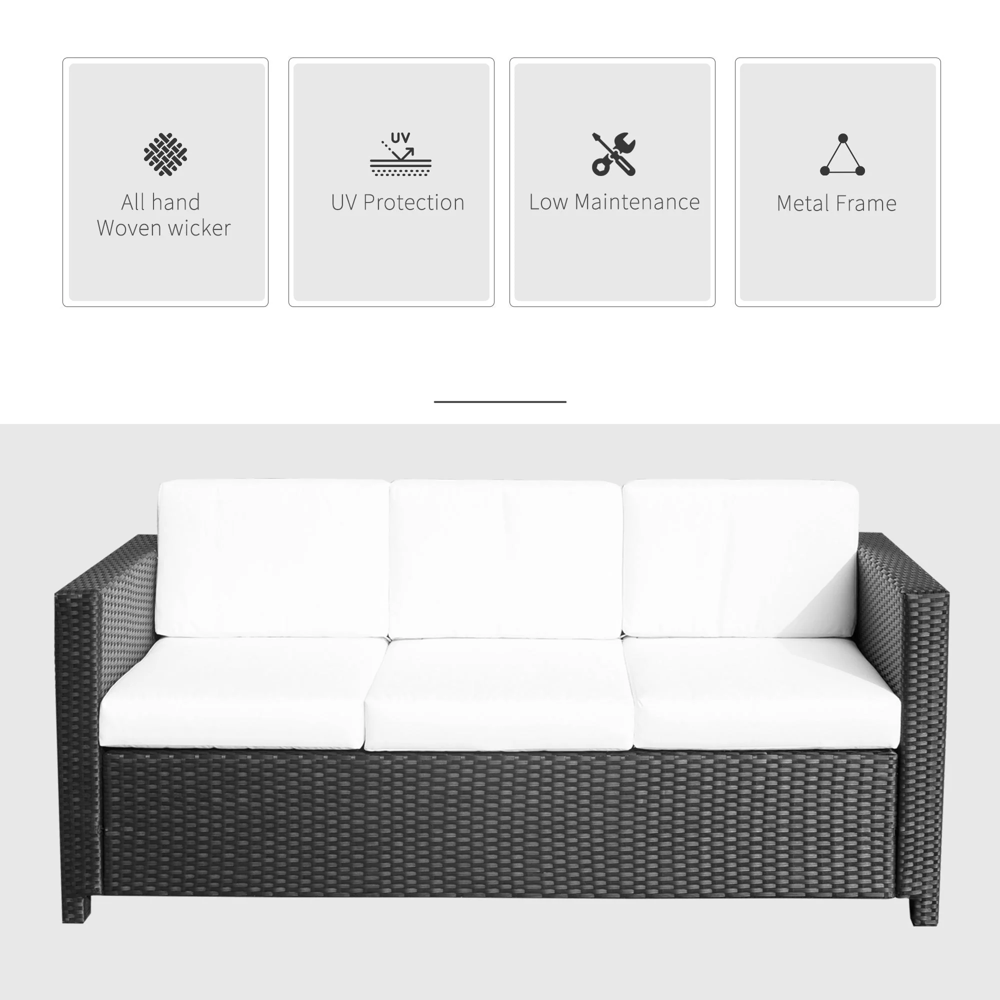3 Seater Rattan Sofa All-Weather Wicker Weave Metal Frame Chair with Fire Resistant Cushion-Black - Image 4