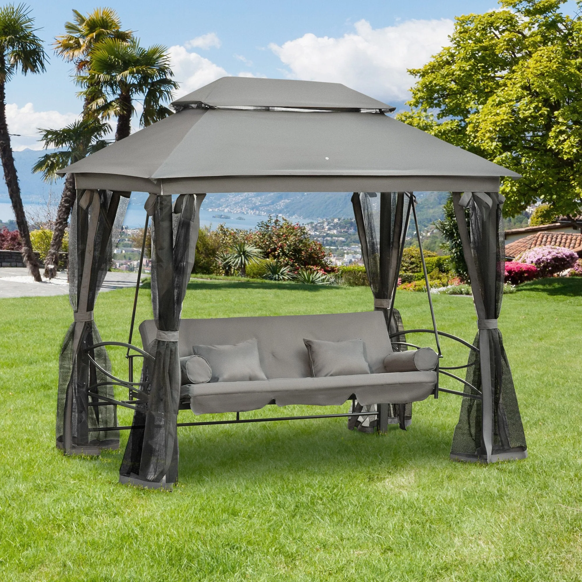 3 Seater Swing Chair 3-in-1 Convertible Garden Swing Seat Bed Gazebo Patio Bench Outdoor with Double Tier Canopy - Image 2