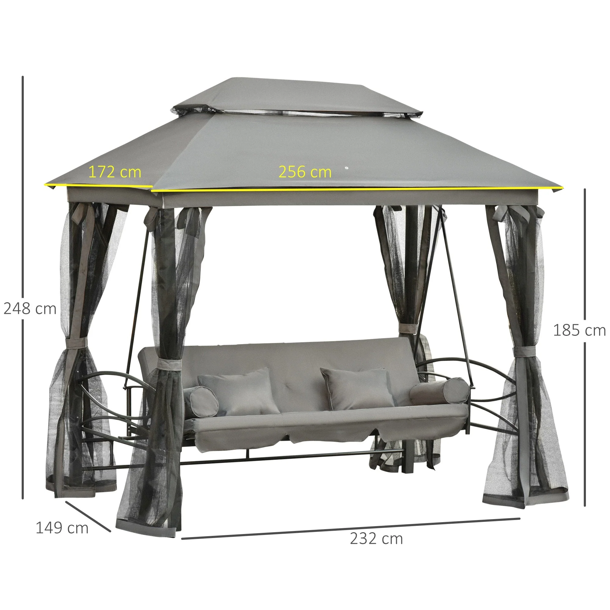 3 Seater Swing Chair 3-in-1 Convertible Garden Swing Seat Bed Gazebo Patio Bench Outdoor with Double Tier Canopy - Image 3