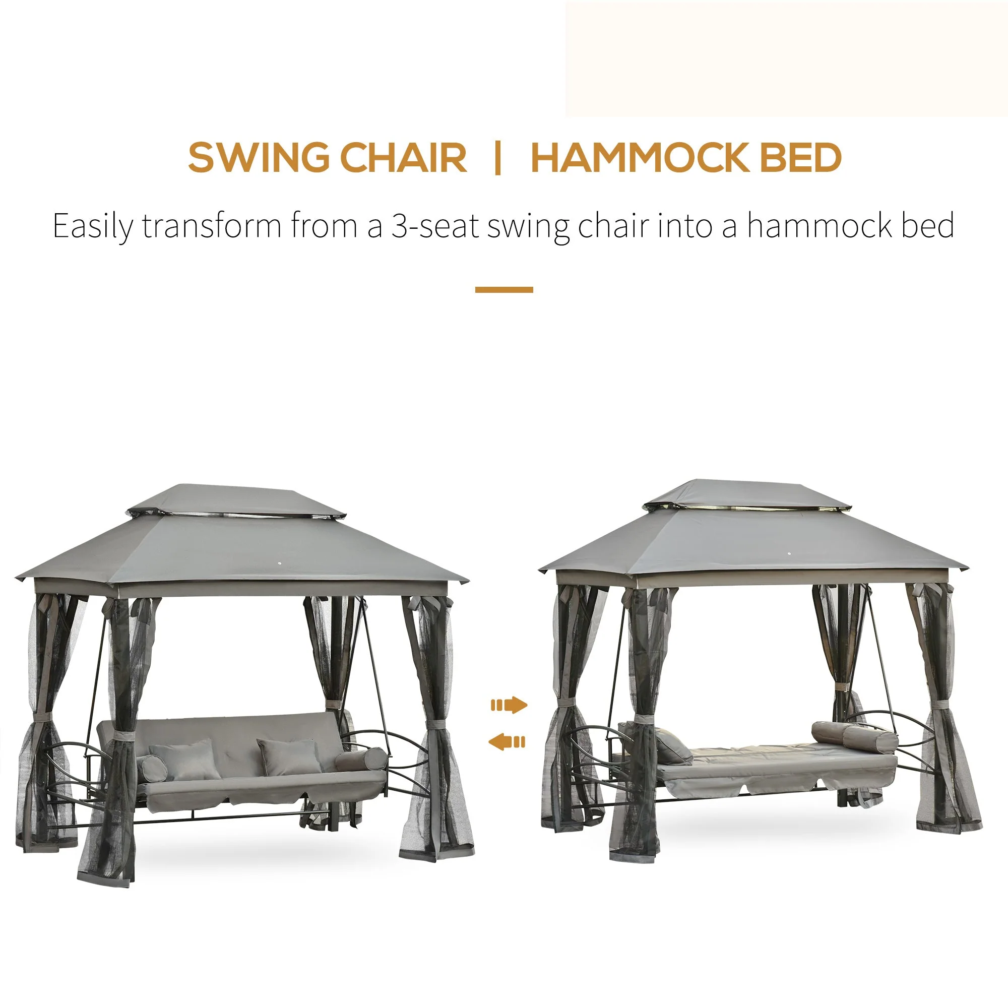 3 Seater Swing Chair 3-in-1 Convertible Garden Swing Seat Bed Gazebo Patio Bench Outdoor with Double Tier Canopy - Image 4