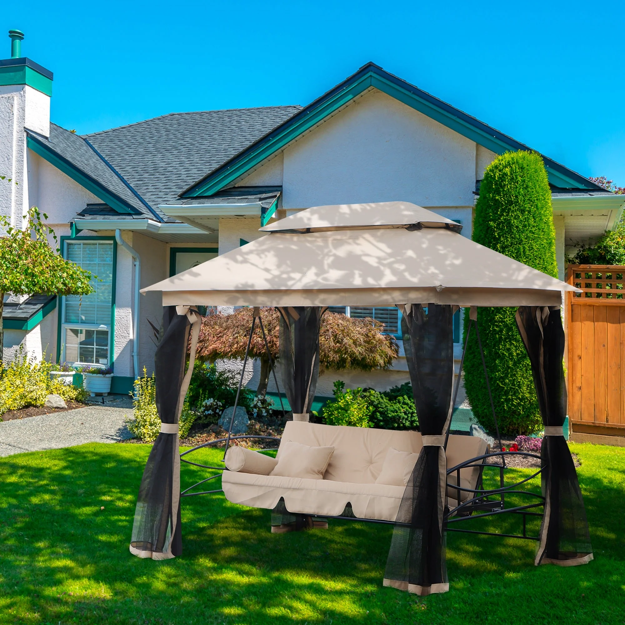 3 Seater Swing Chair 3-in-1 Convertible Garden Swing Seat Bed Gazebo Patio Bench Outdoor with Double Tier Canopy - Image 2