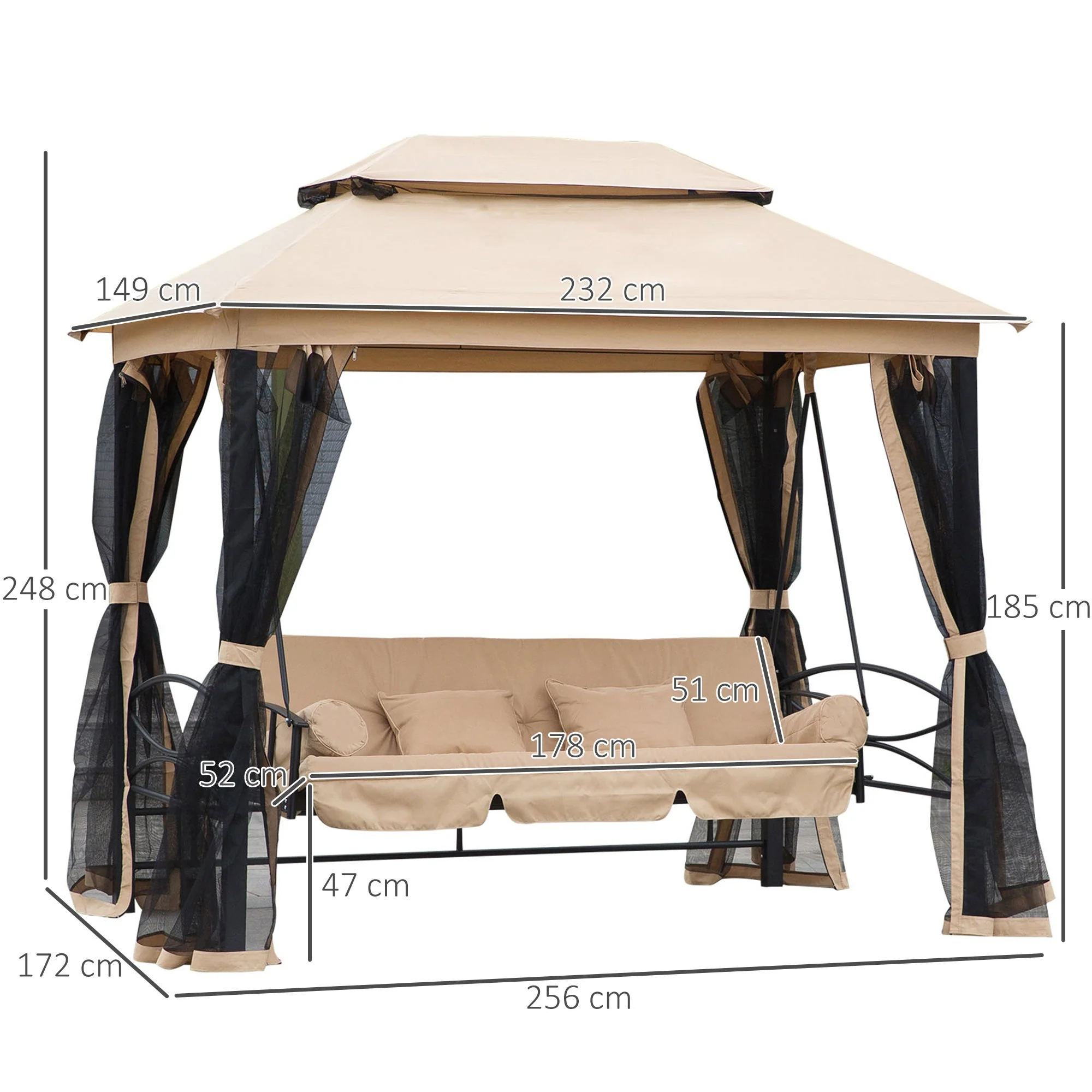 3 Seater Swing Chair 3-in-1 Convertible Garden Swing Seat Bed Gazebo Patio Bench Outdoor with Double Tier Canopy - Image 3