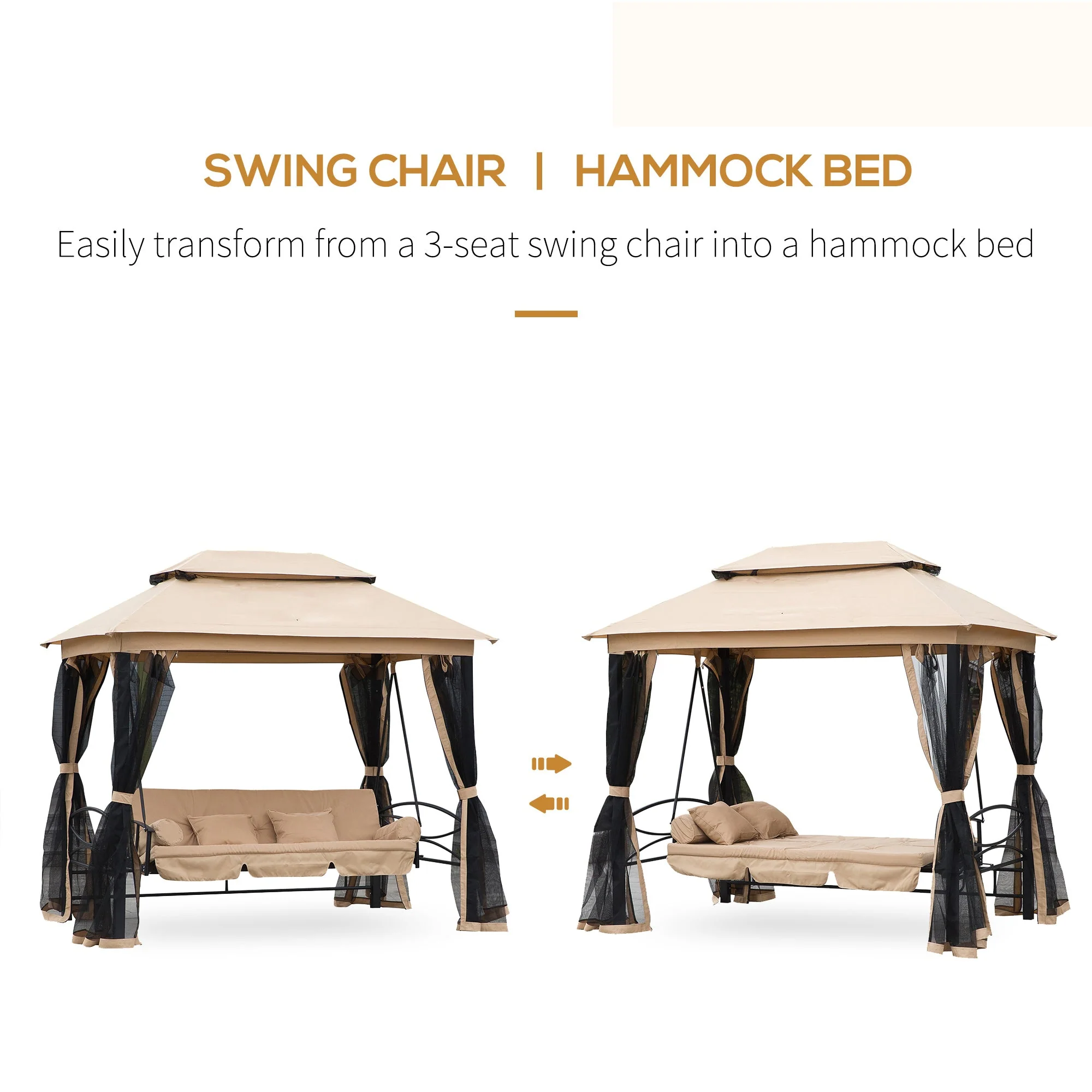 3 Seater Swing Chair 3-in-1 Convertible Garden Swing Seat Bed Gazebo Patio Bench Outdoor with Double Tier Canopy - Image 5