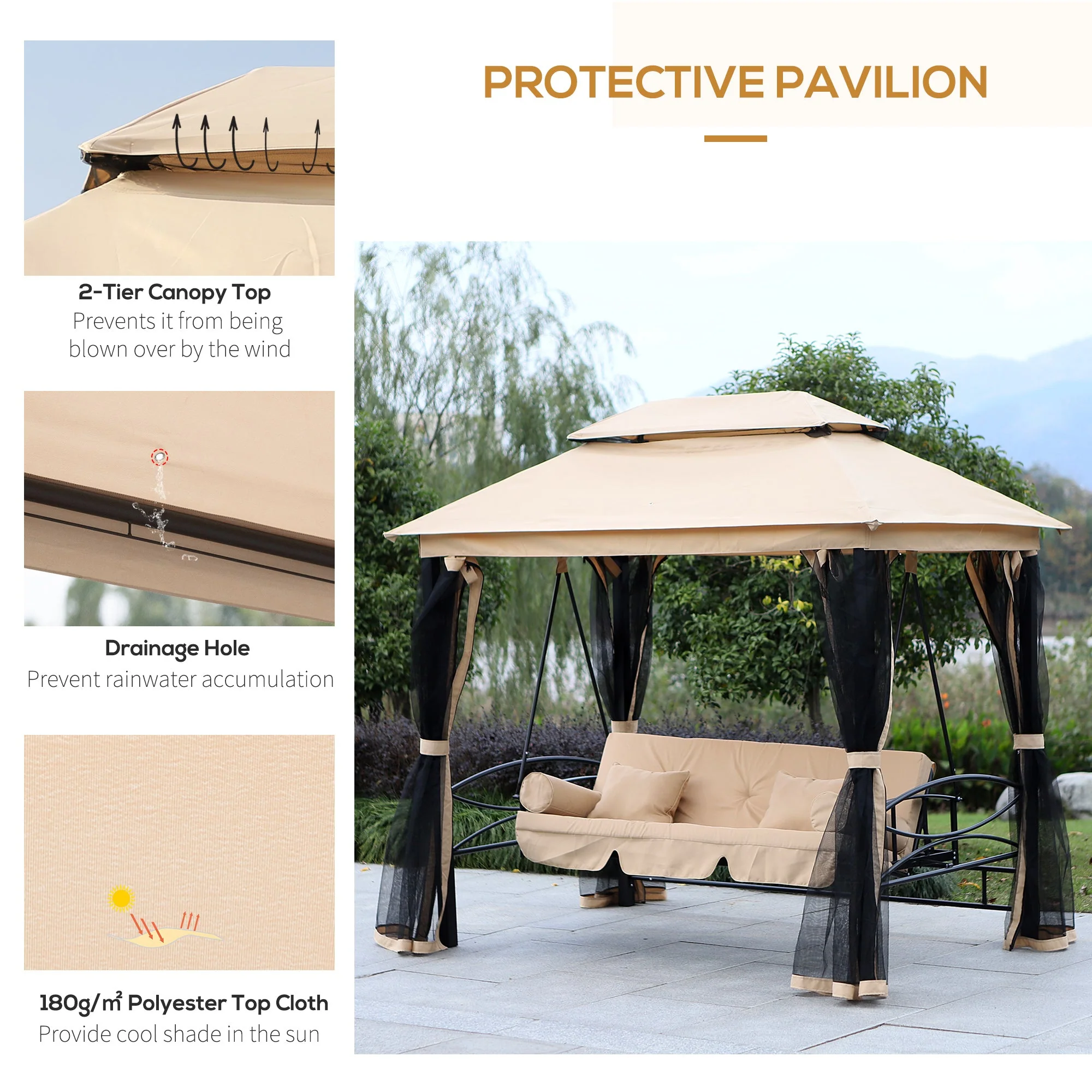 3 Seater Swing Chair 3-in-1 Convertible Garden Swing Seat Bed Gazebo Patio Bench Outdoor with Double Tier Canopy - Image 7