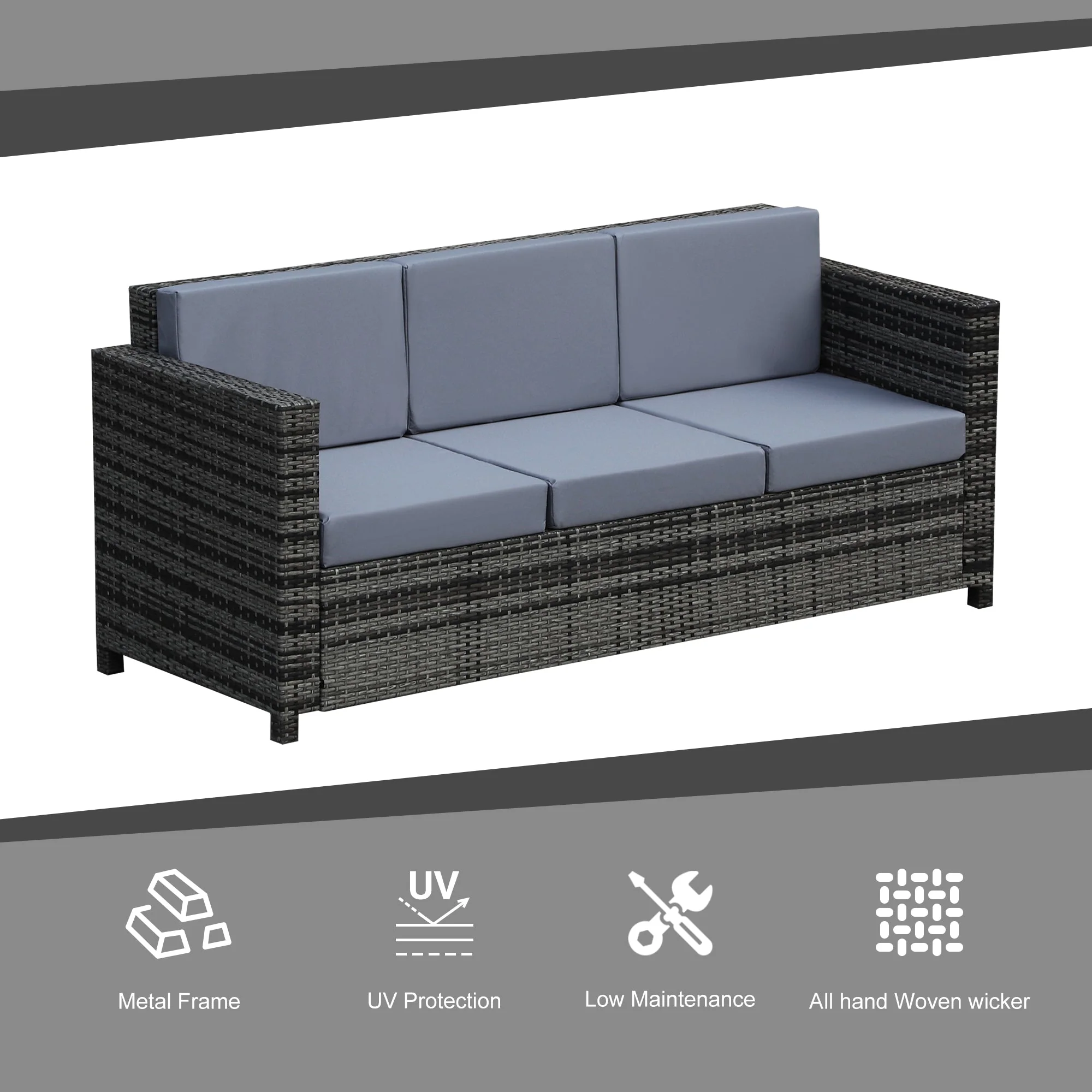 3 Seater Weather Resistant Outdoor Garden Rattan Sofa Grey - Image 4