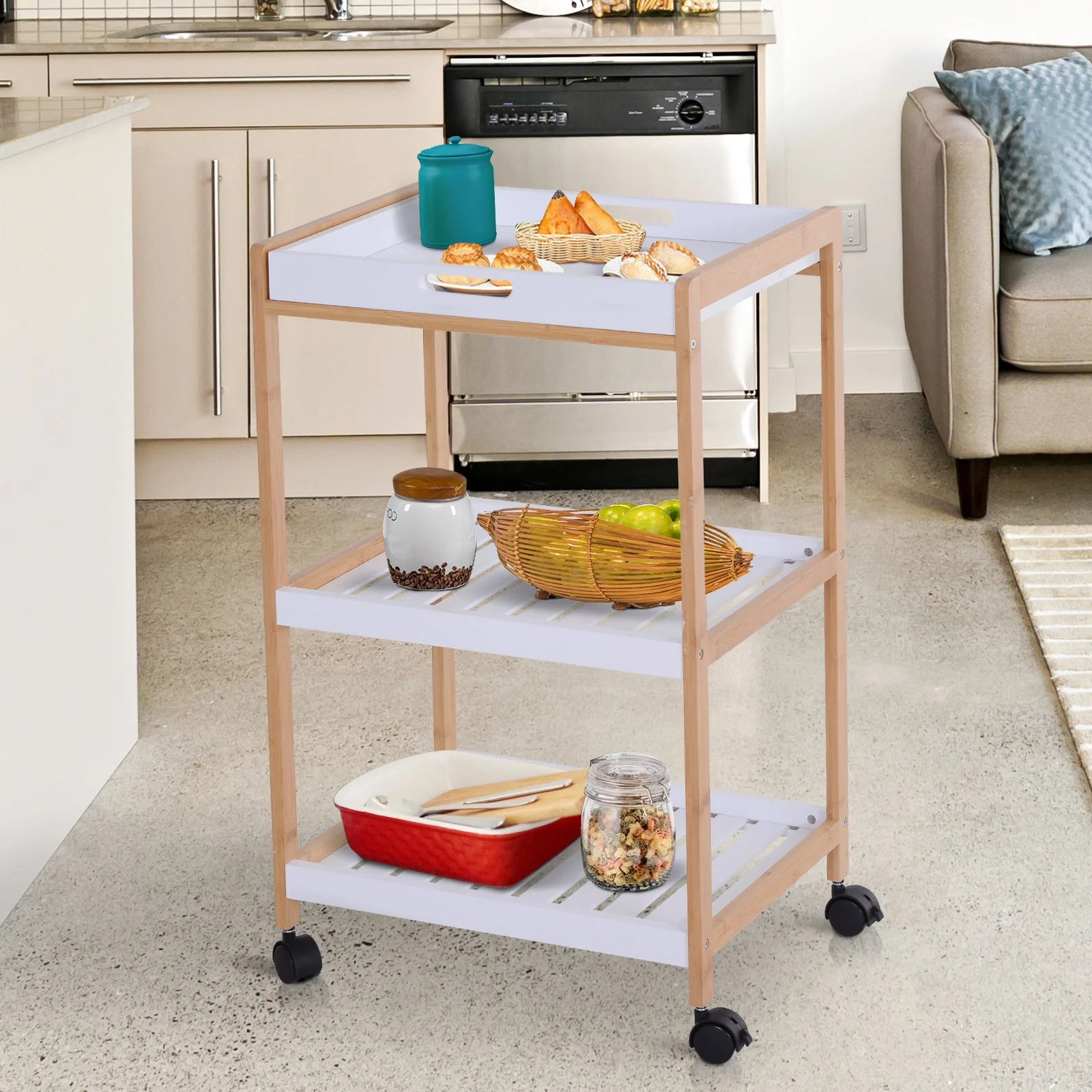 3-Tier Mobile Kitchen Trolley Cart Storage Shelves Rack Rolling Wheels White 46 x 35 x 74.5 cm - Image 2