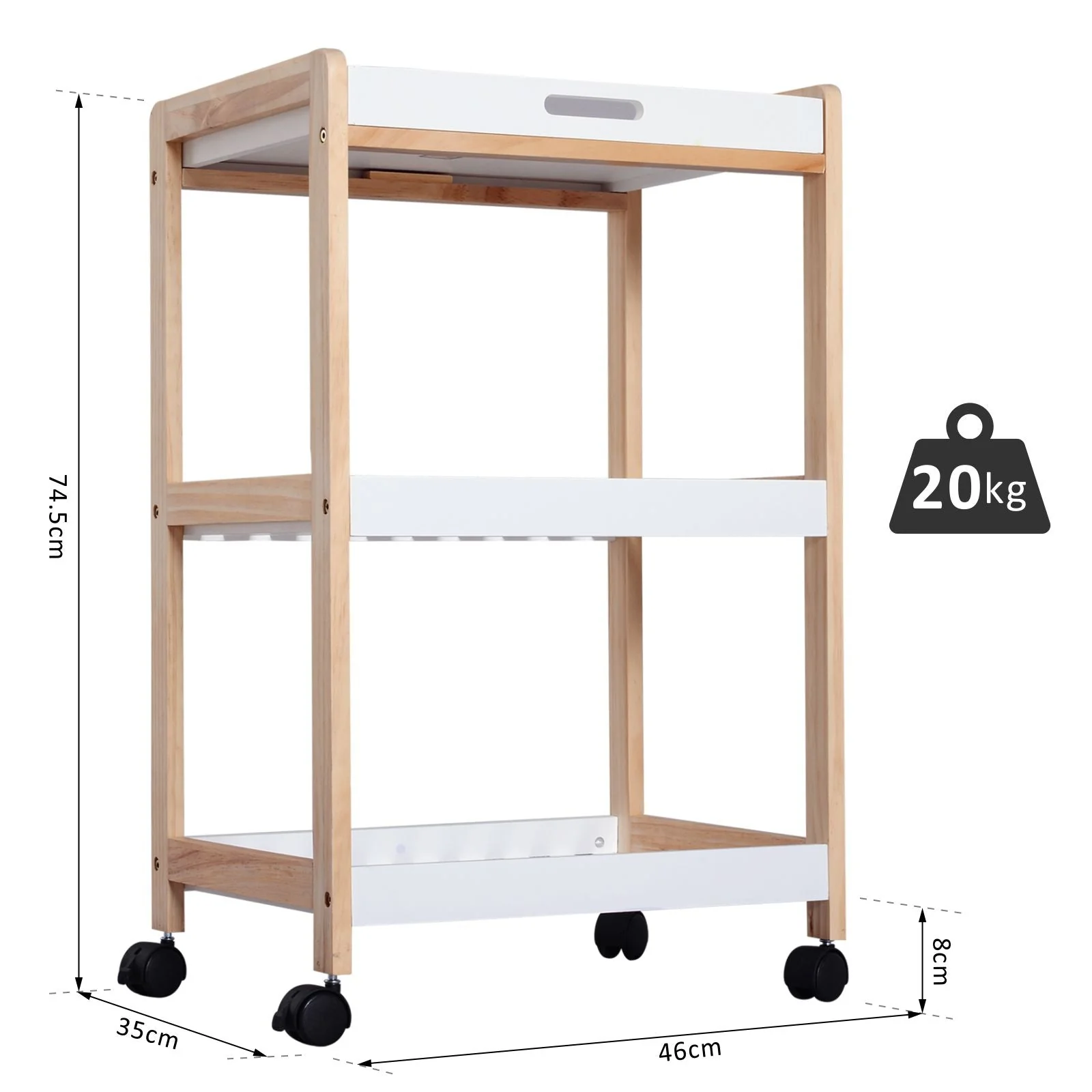 3-Tier Mobile Kitchen Trolley Cart Storage Shelves Rack Rolling Wheels White 46 x 35 x 74.5 cm - Image 3
