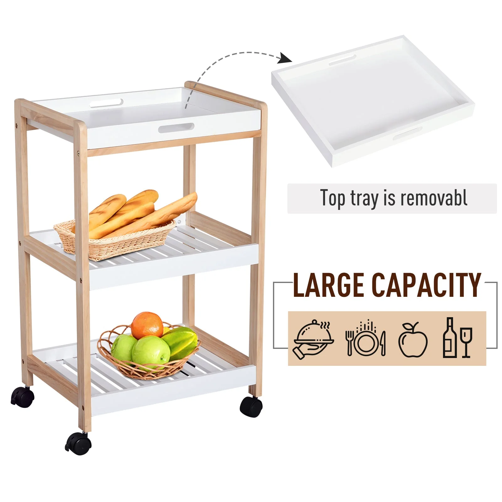 3-Tier Mobile Kitchen Trolley Cart Storage Shelves Rack Rolling Wheels White 46 x 35 x 74.5 cm - Image 4