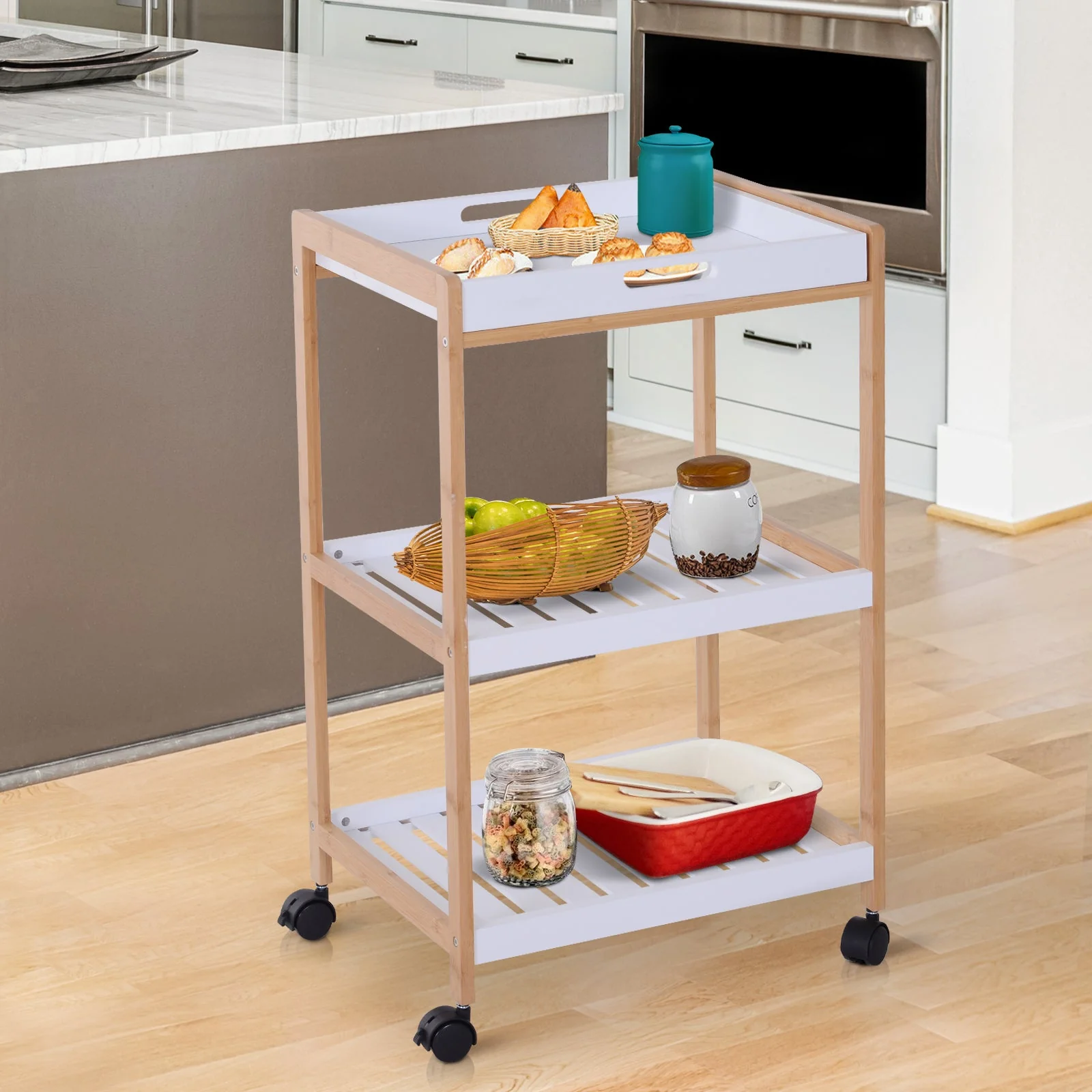3-Tier Mobile Kitchen Trolley Cart Storage Shelves Rack Rolling Wheels White 46 x 35 x 74.5 cm - Image 9