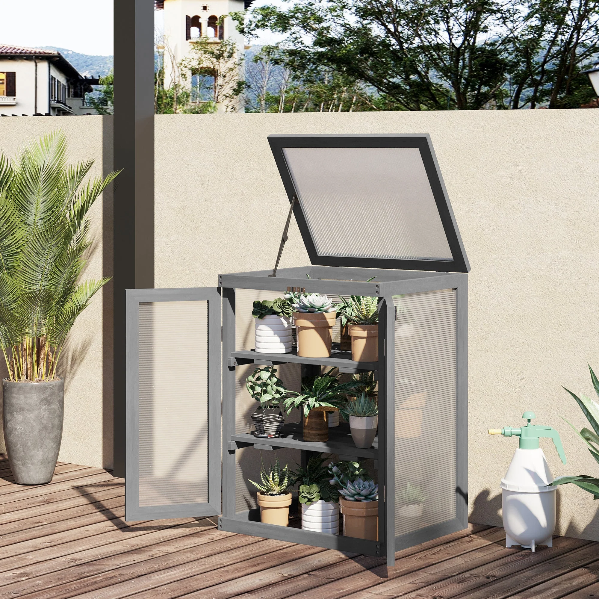 3-tier Wood Greenhouse Garden Polycarbonate Cold Frame Grow House w/ Storage Shelf for Plants - Image 2