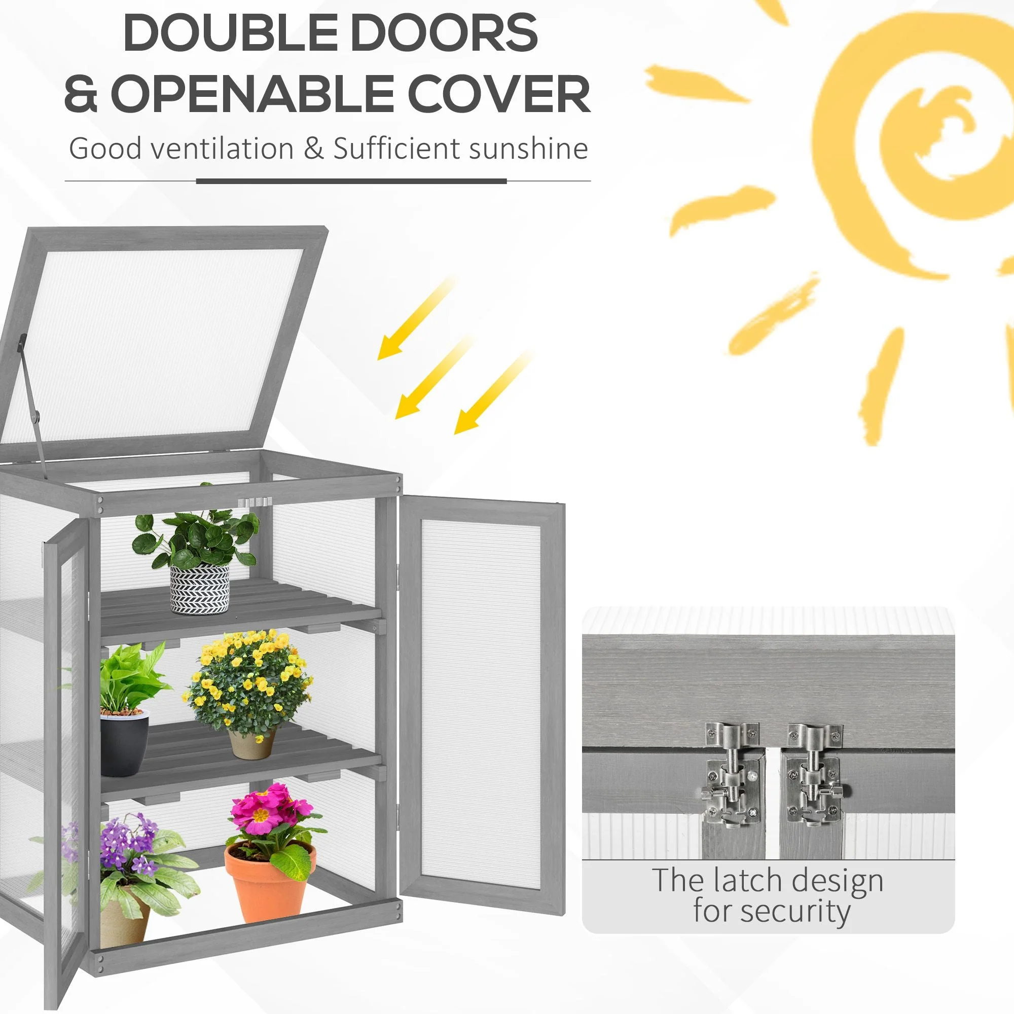 3-tier Wood Greenhouse Garden Polycarbonate Cold Frame Grow House w/ Storage Shelf for Plants - Image 5