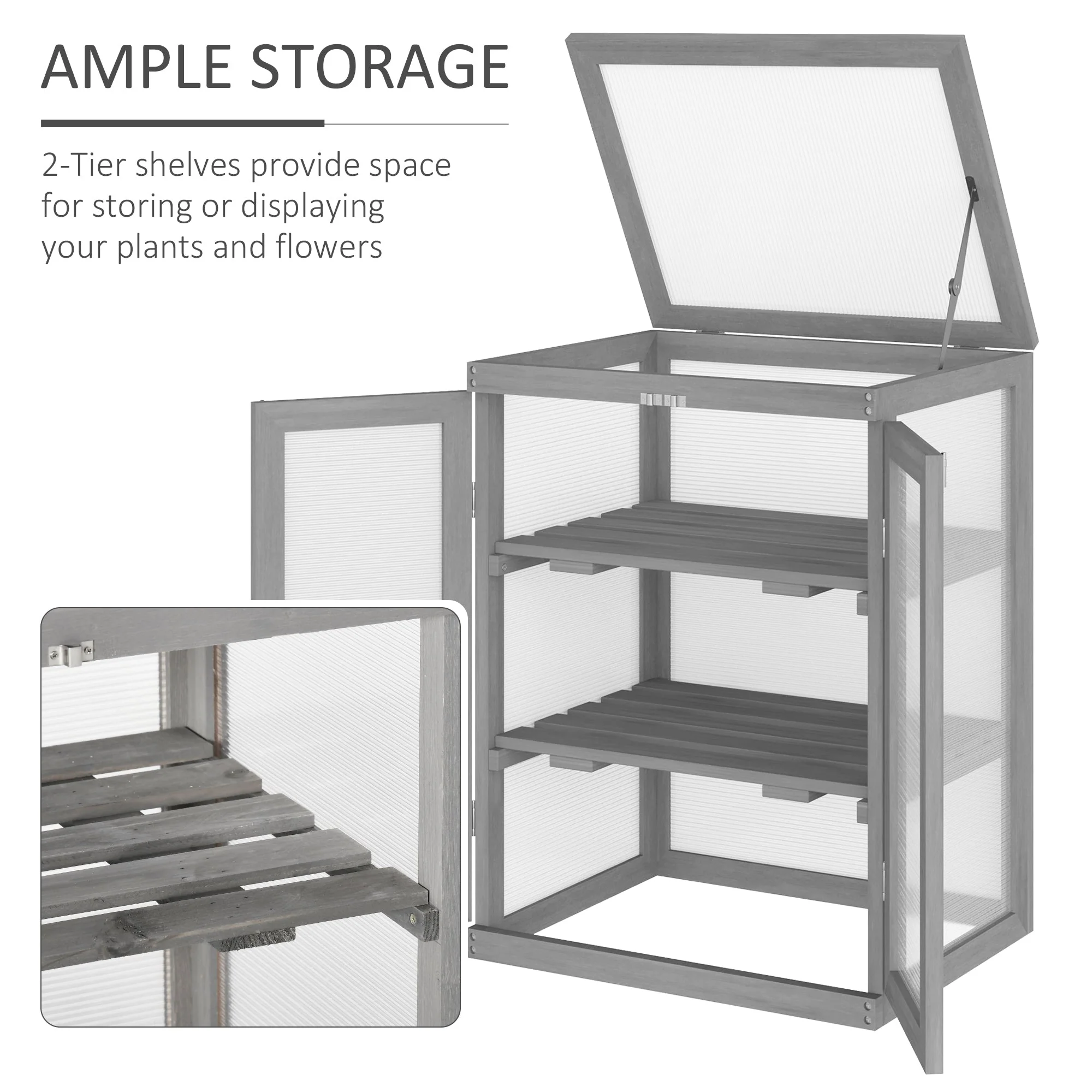3-tier Wood Greenhouse Garden Polycarbonate Cold Frame Grow House w/ Storage Shelf for Plants - Image 6