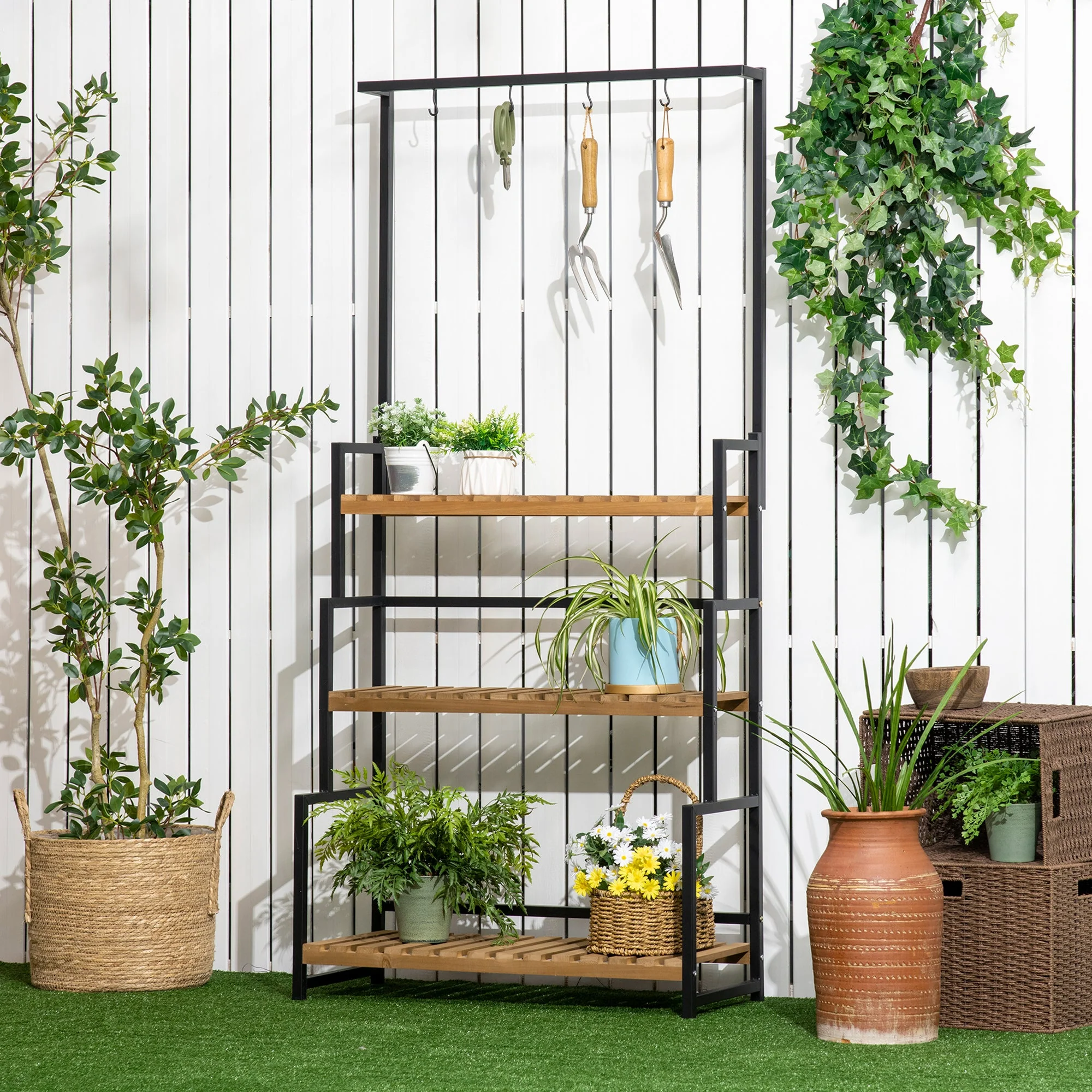 3 Tiered Plant Stand with Hanging Hooks - Image 2