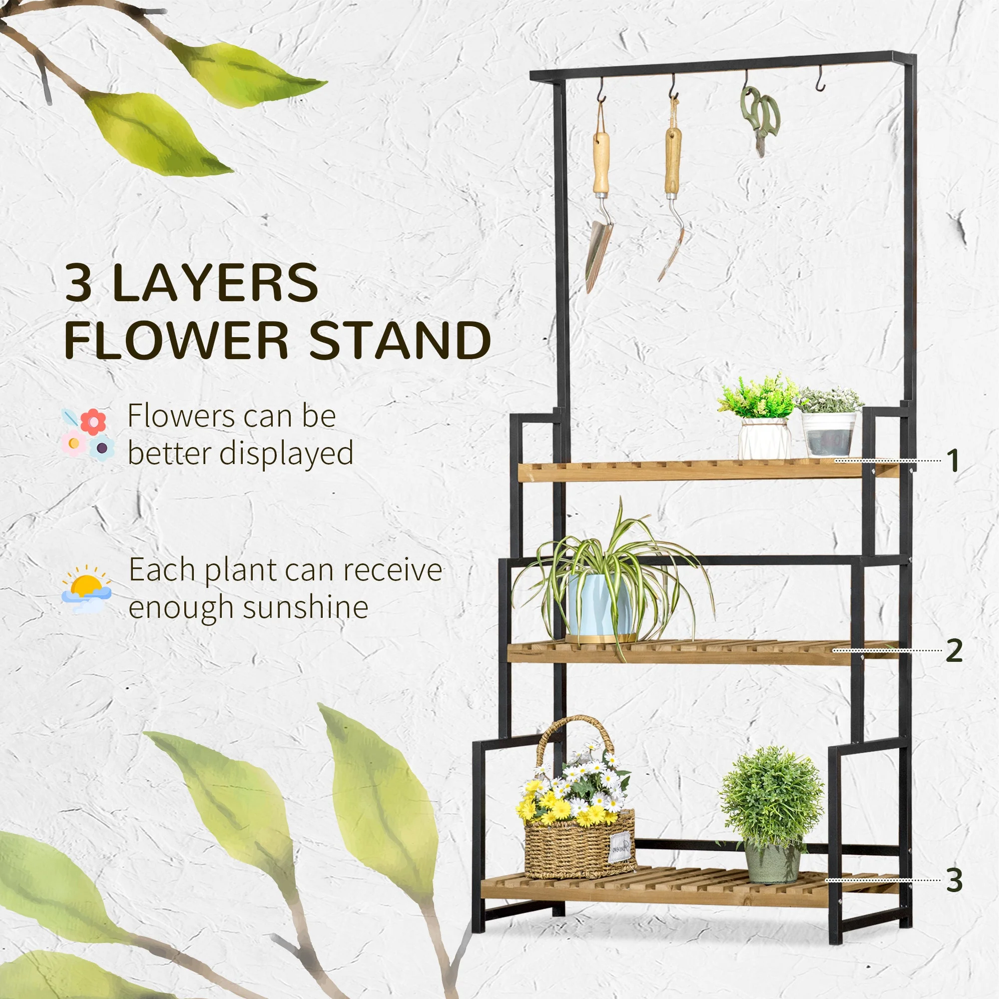 3 Tiered Plant Stand with Hanging Hooks - Image 4