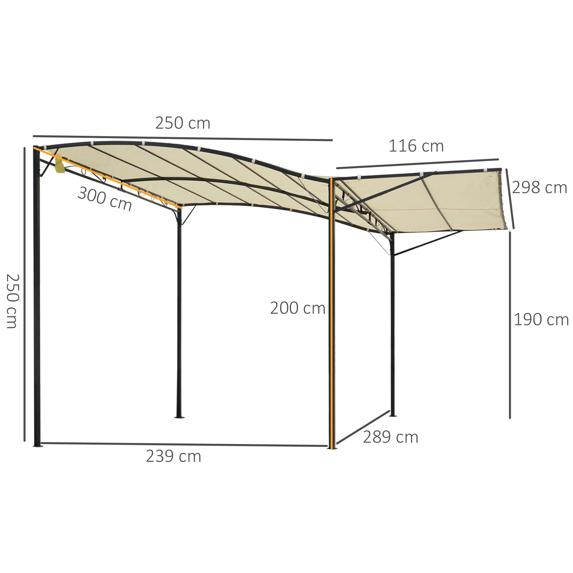3 x 2.5m Patio Metal Gazebo Door Window Awning Wall Mount Canopy Outdoor Sunshade with Extended Shelter Cream White - Image 3