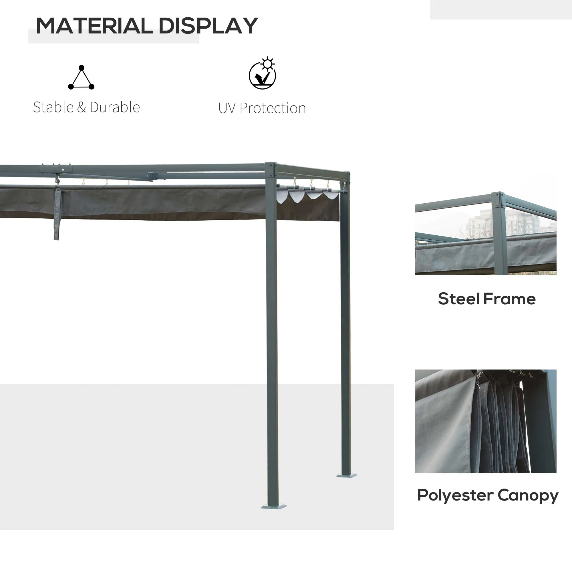 3 x 2m Metal Pergola Gazebo Patio Sun Shelter Grape Tent Retractable Canopy Grey - Image 5