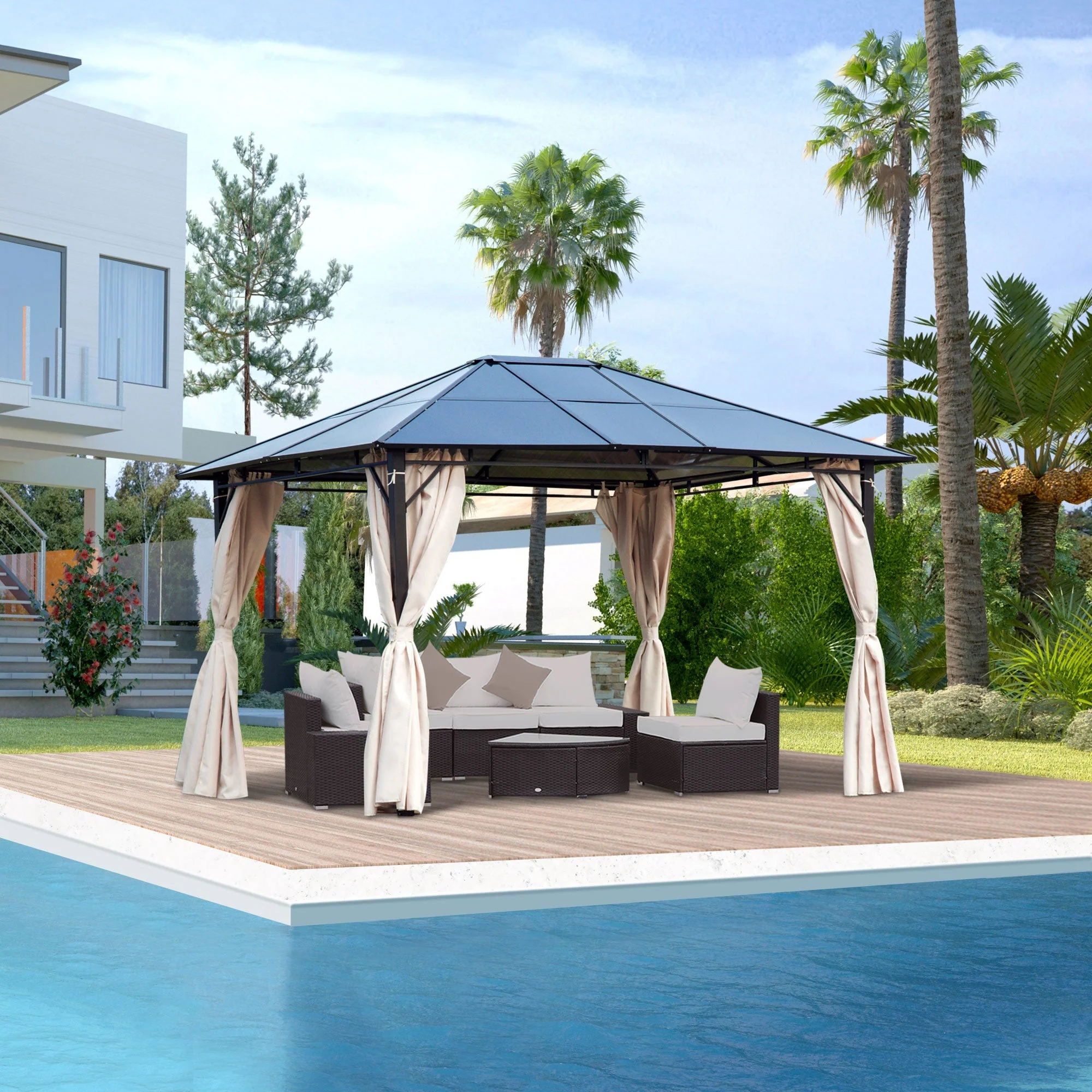3 x 3.6m Hardtop Gazebo Canopy with Polycarbonate Roof Garden Pavilion with Removable Curtains and Steel Frame - Image 2