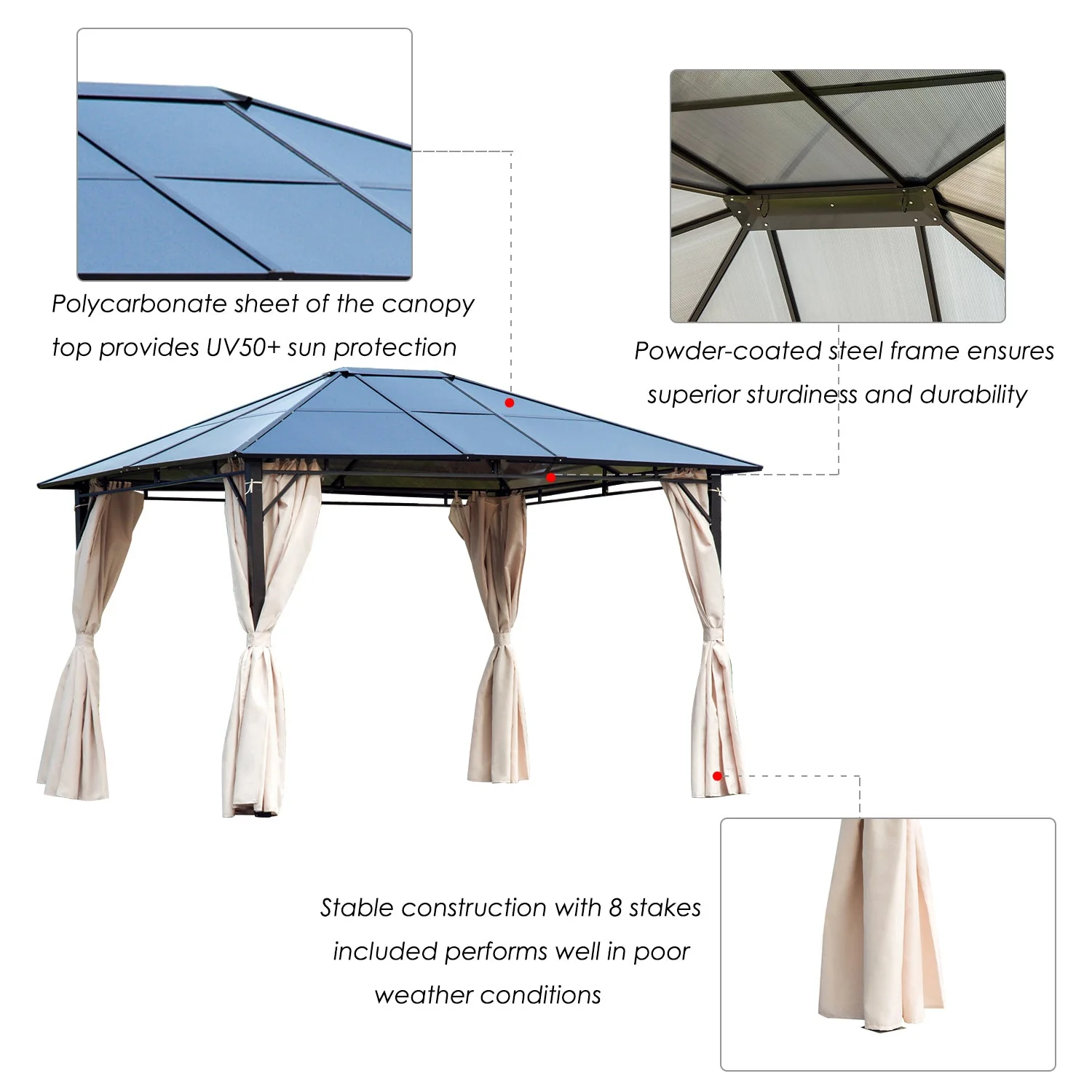 3 x 3.6m Hardtop Gazebo Canopy with Polycarbonate Roof Garden Pavilion with Removable Curtains and Steel Frame - Image 5
