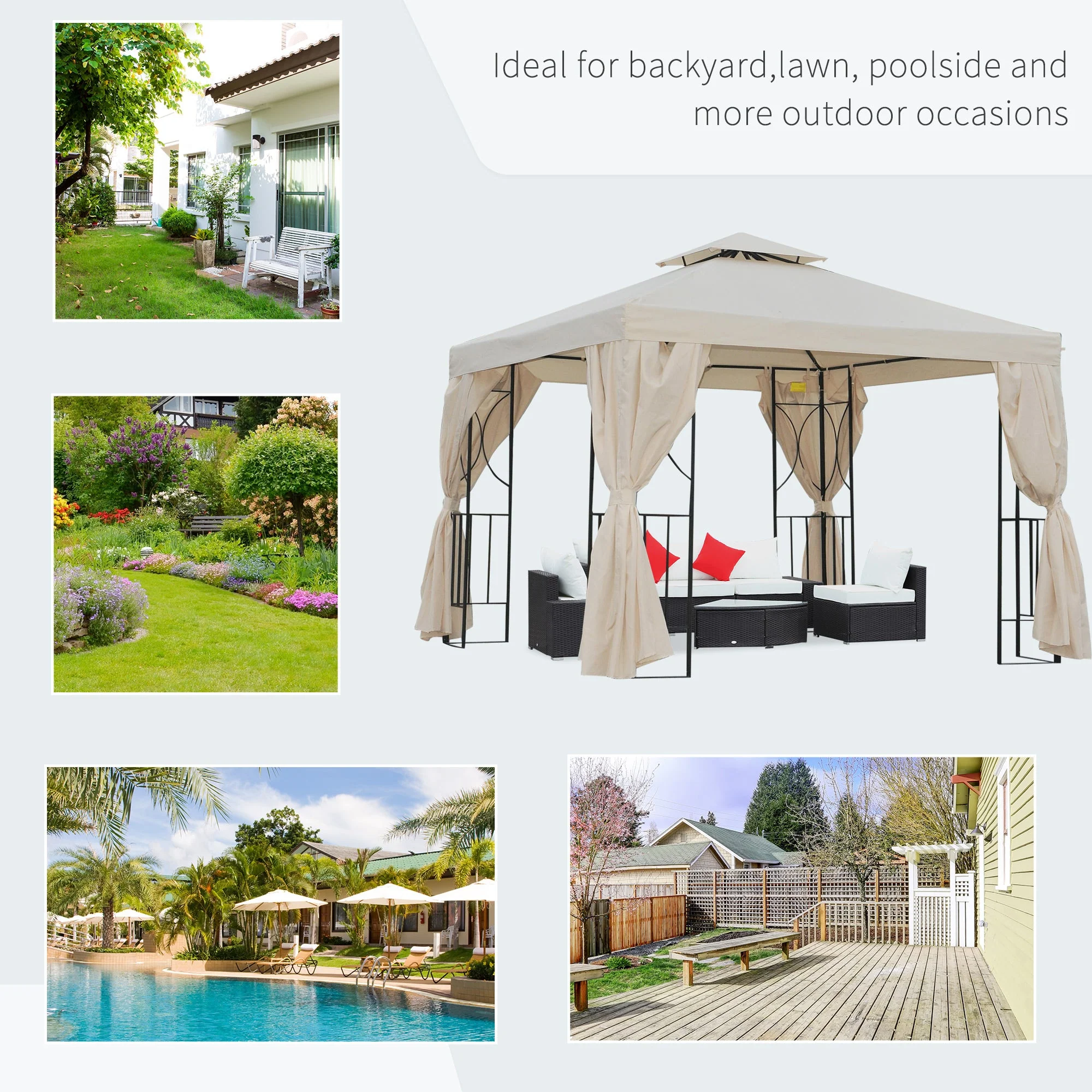 3 x 3 m Garden Metal Gazebo Marquee Patio Wedding Party Tent Canopy Shelter with Pavilion Sidewalls Beige - Image 7