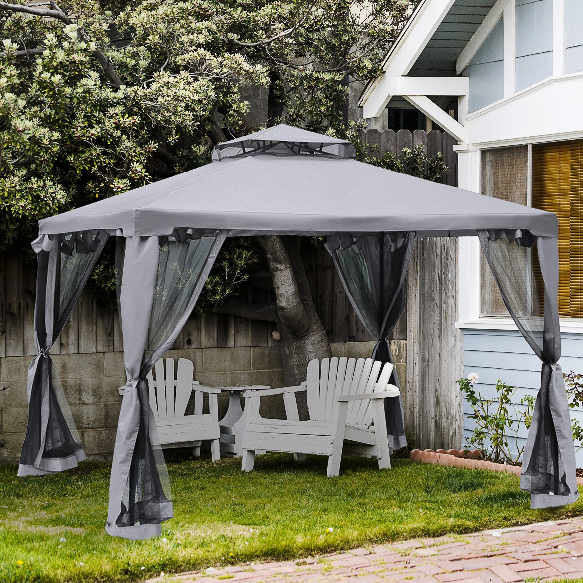 3 x 3 Meter Metal Gazebo Garden Outdoor 2-tier Roof Marquee Party Tent Canopy Pavillion Patio Shelter with Netting - Grey - Image 2