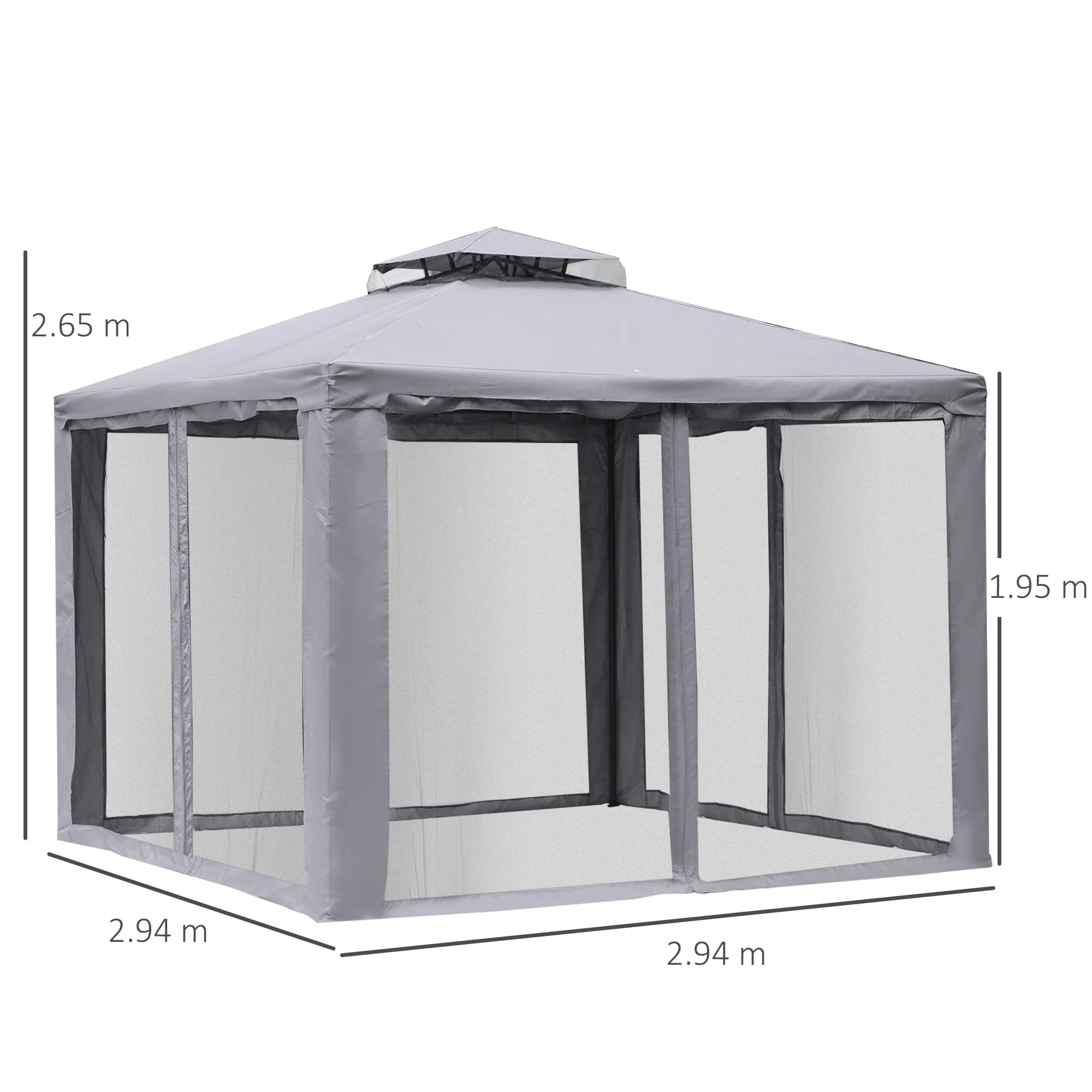 3 x 3 Meter Metal Gazebo Garden Outdoor 2-tier Roof Marquee Party Tent Canopy Pavillion Patio Shelter with Netting - Grey - Image 3