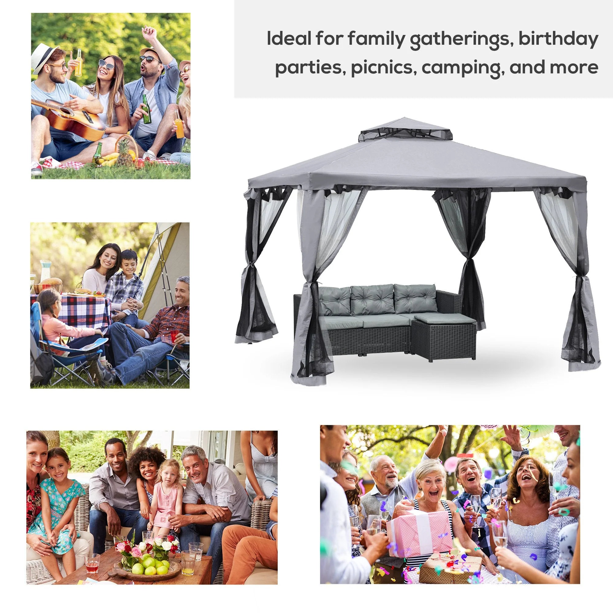 3 x 3 Meter Metal Gazebo Garden Outdoor 2-tier Roof Marquee Party Tent Canopy Pavillion Patio Shelter with Netting - Grey - Image 6