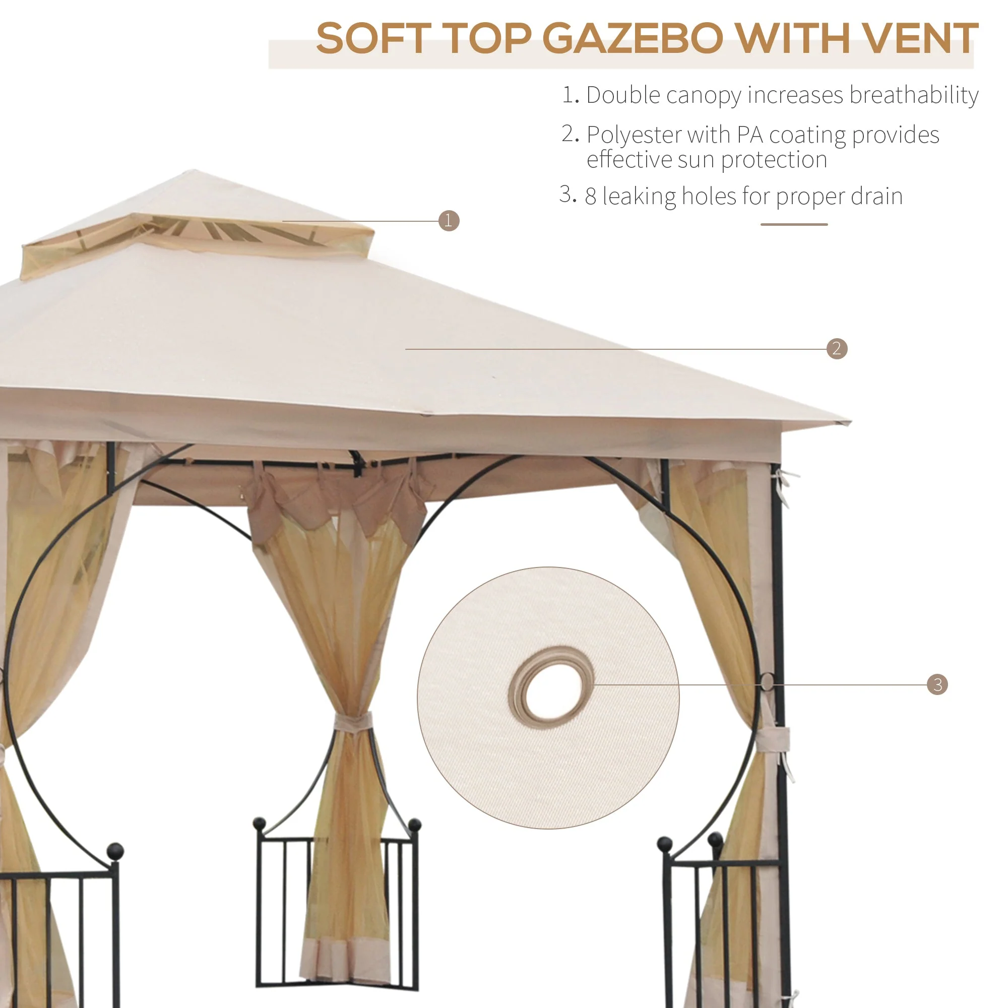 3 x 3M Garden Gazebo Patio Party Tent Shelter Outdoor Canopy Double Tier Sun Shade Metal Frame Netting Beige - Image 4