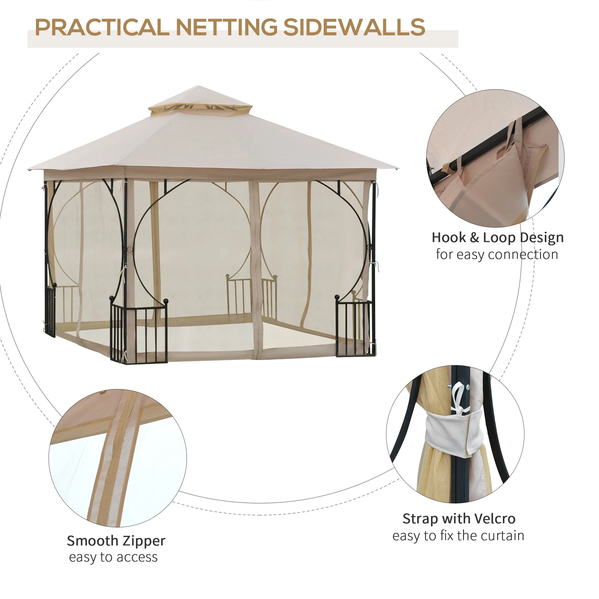 3 x 3M Garden Gazebo Patio Party Tent Shelter Outdoor Canopy Double Tier Sun Shade Metal Frame Netting Beige - Image 6