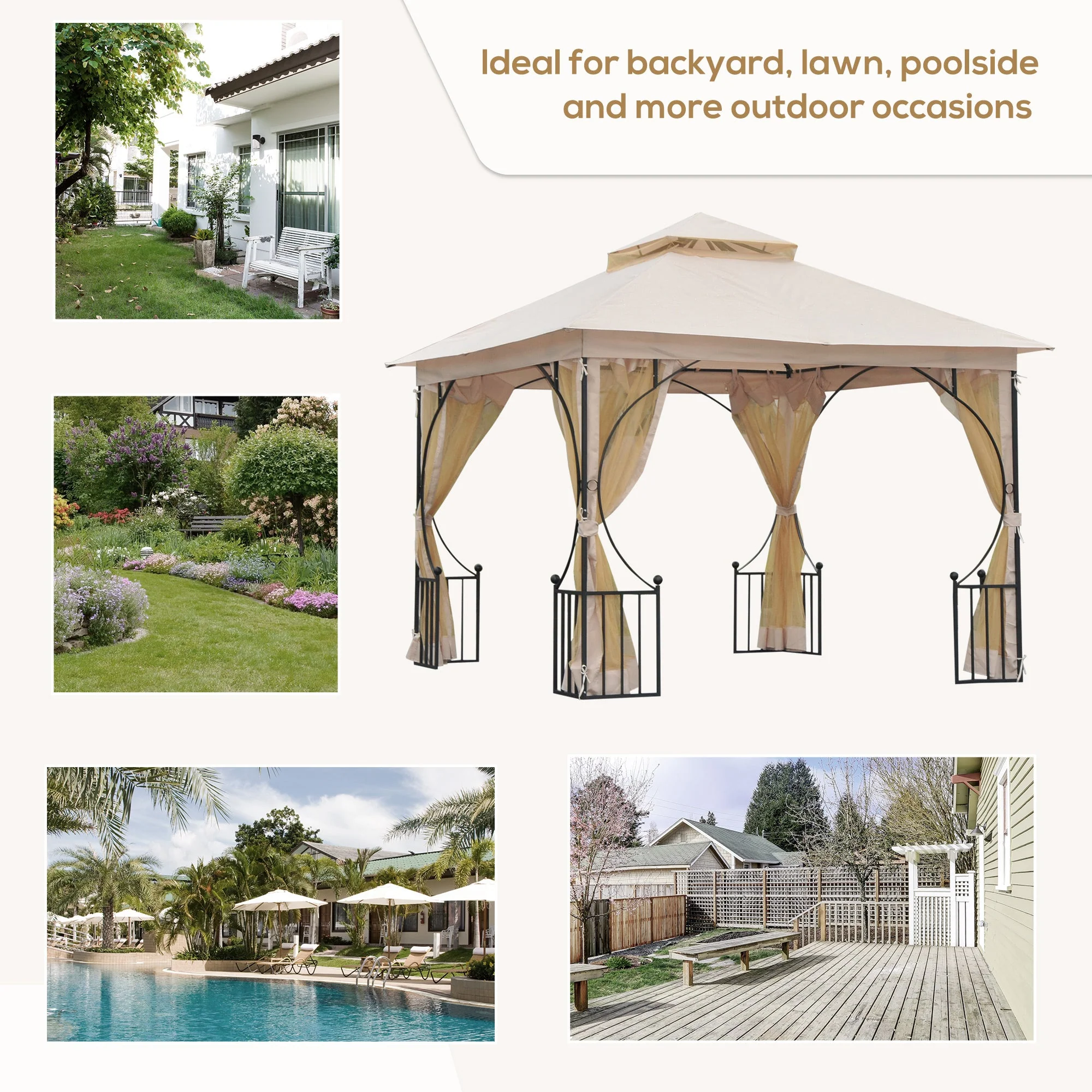 3 x 3M Garden Gazebo Patio Party Tent Shelter Outdoor Canopy Double Tier Sun Shade Metal Frame Netting Beige - Image 7