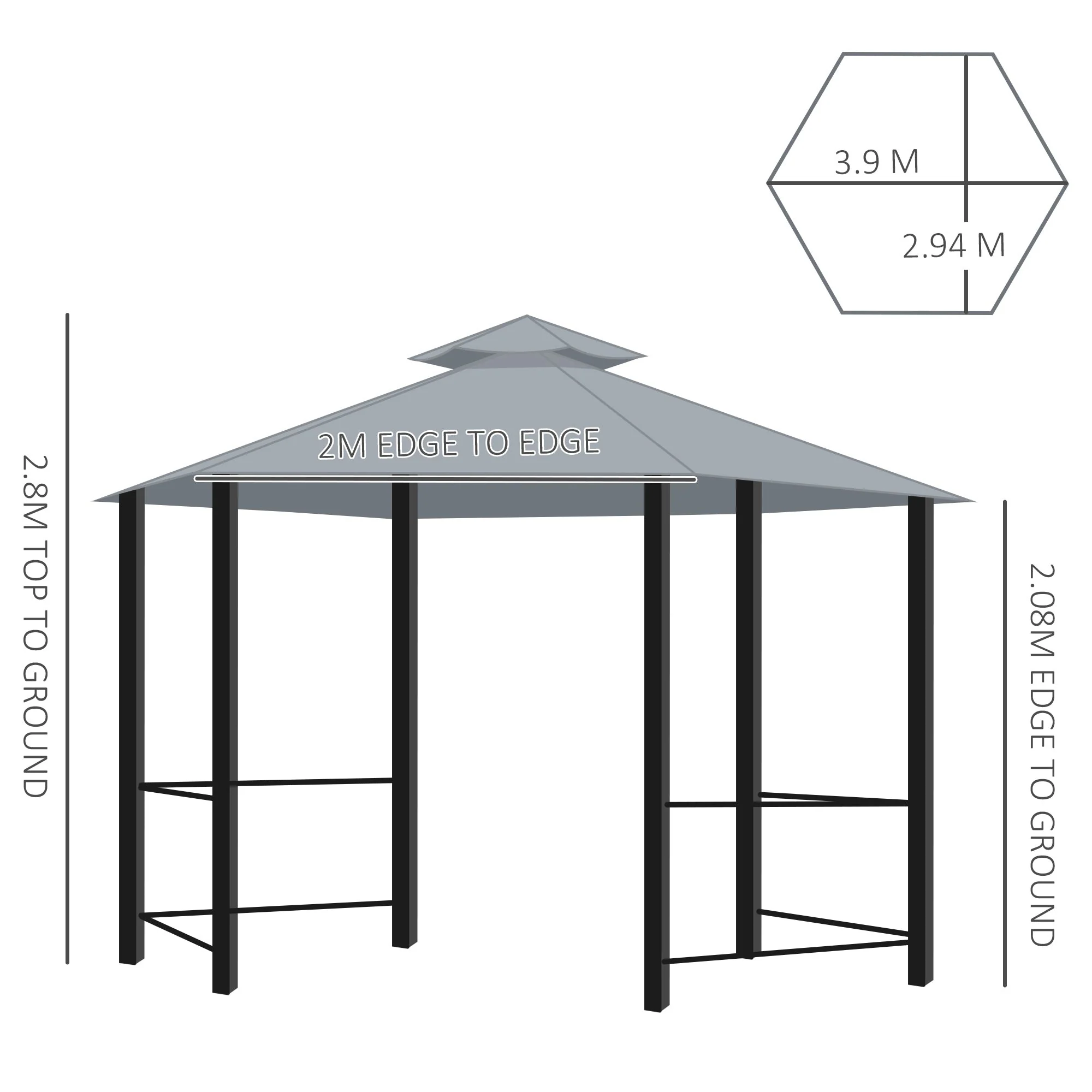 3 x 3M Hexagon Gazebo Patio Canopy Party Tent Outdoor Garden Shelter w/ 2 Tier Roof & Side Panel - Grey - Image 3