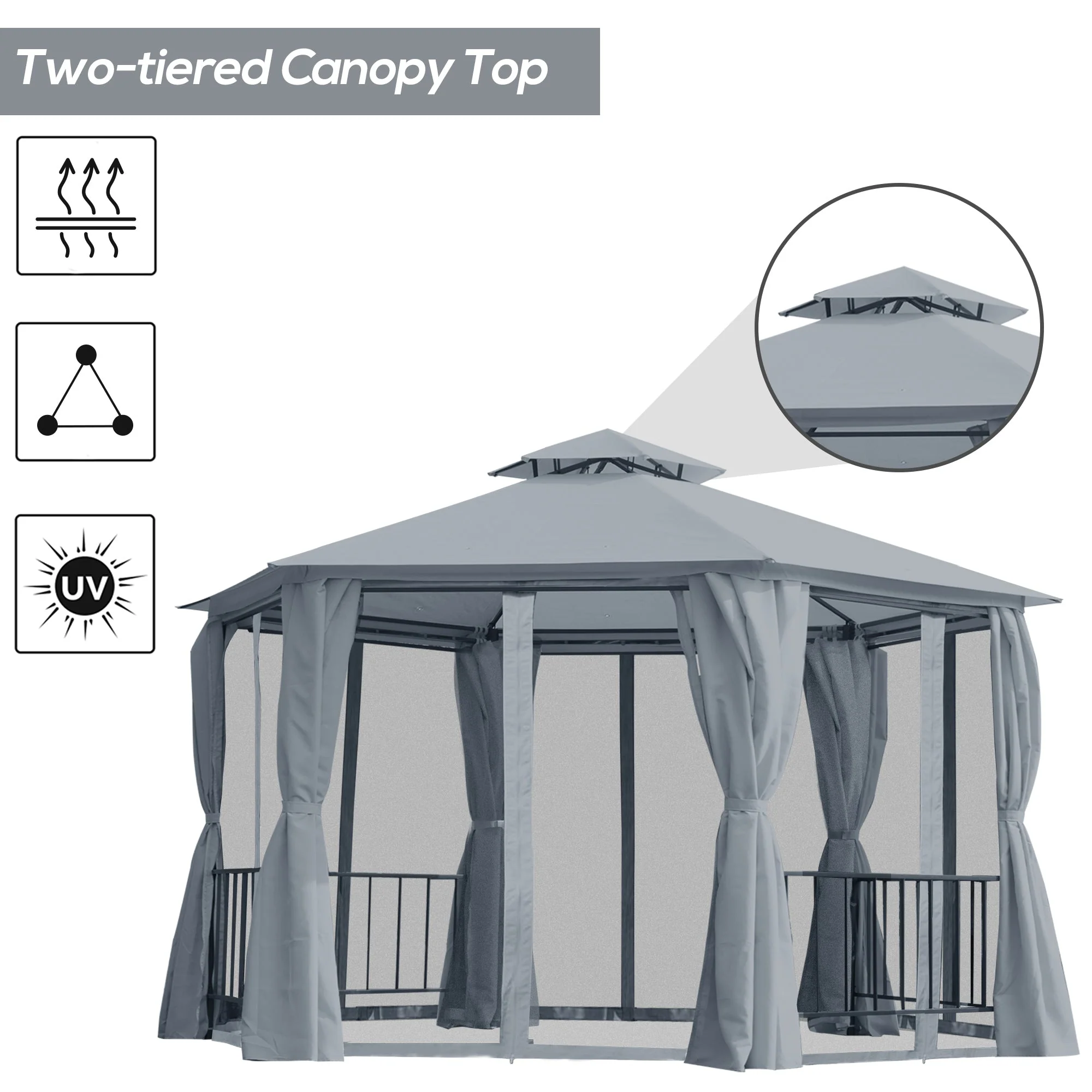 3 x 3M Hexagon Gazebo Patio Canopy Party Tent Outdoor Garden Shelter w/ 2 Tier Roof & Side Panel - Grey - Image 4