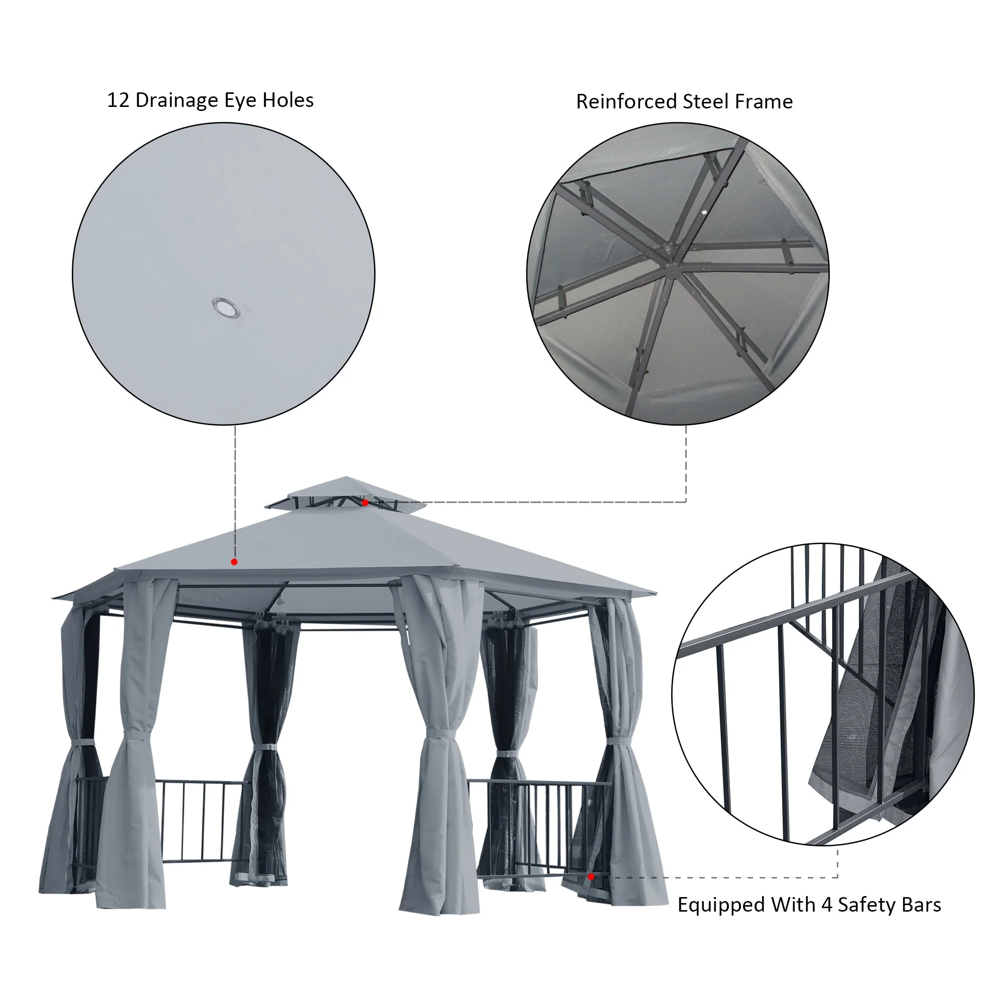3 x 3M Hexagon Gazebo Patio Canopy Party Tent Outdoor Garden Shelter w/ 2 Tier Roof & Side Panel - Grey - Image 5
