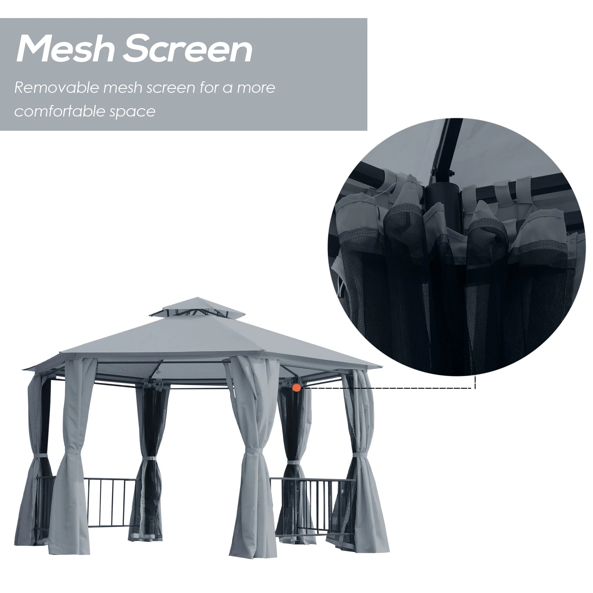 3 x 3M Hexagon Gazebo Patio Canopy Party Tent Outdoor Garden Shelter w/ 2 Tier Roof & Side Panel - Grey - Image 6