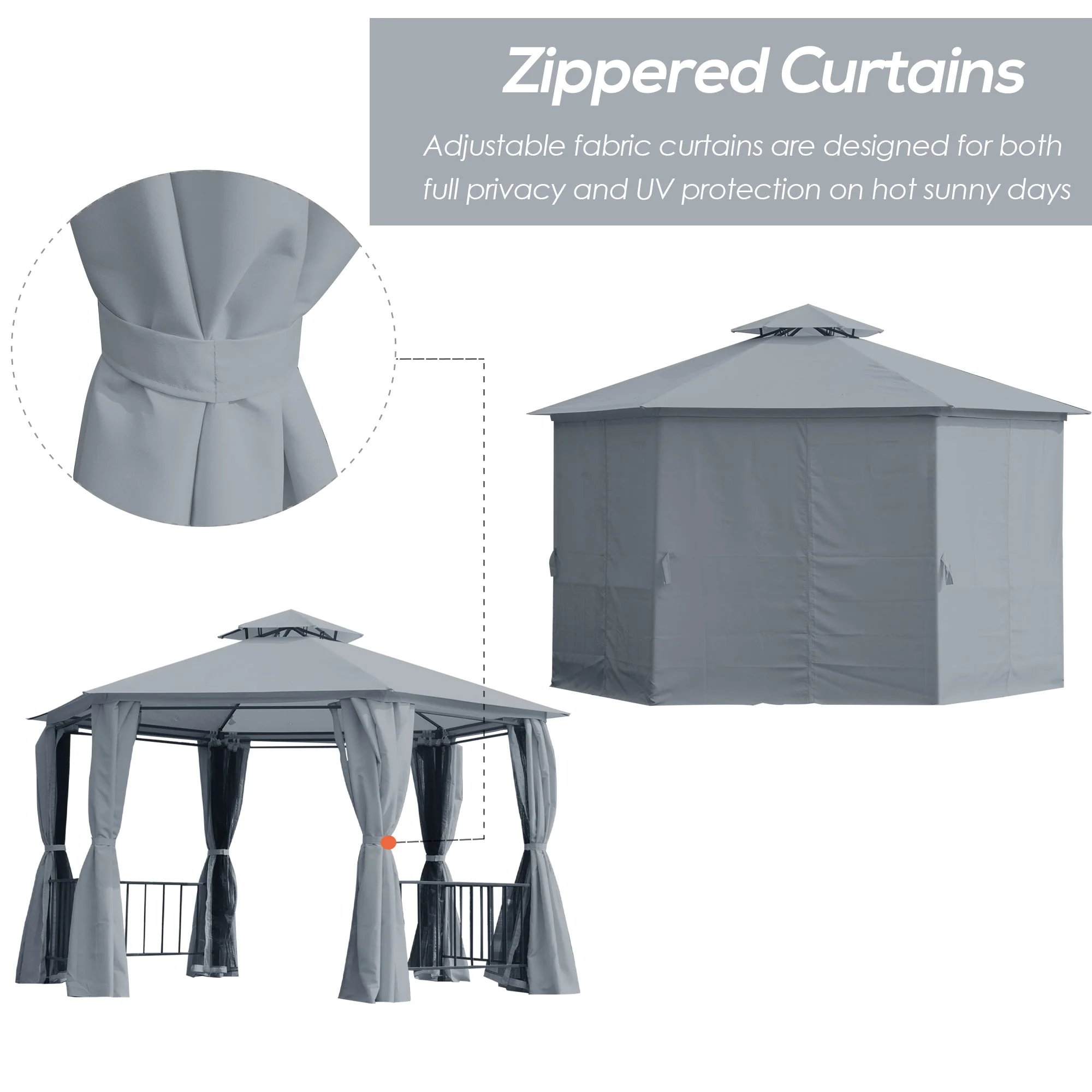 3 x 3M Hexagon Gazebo Patio Canopy Party Tent Outdoor Garden Shelter w/ 2 Tier Roof & Side Panel - Grey - Image 7