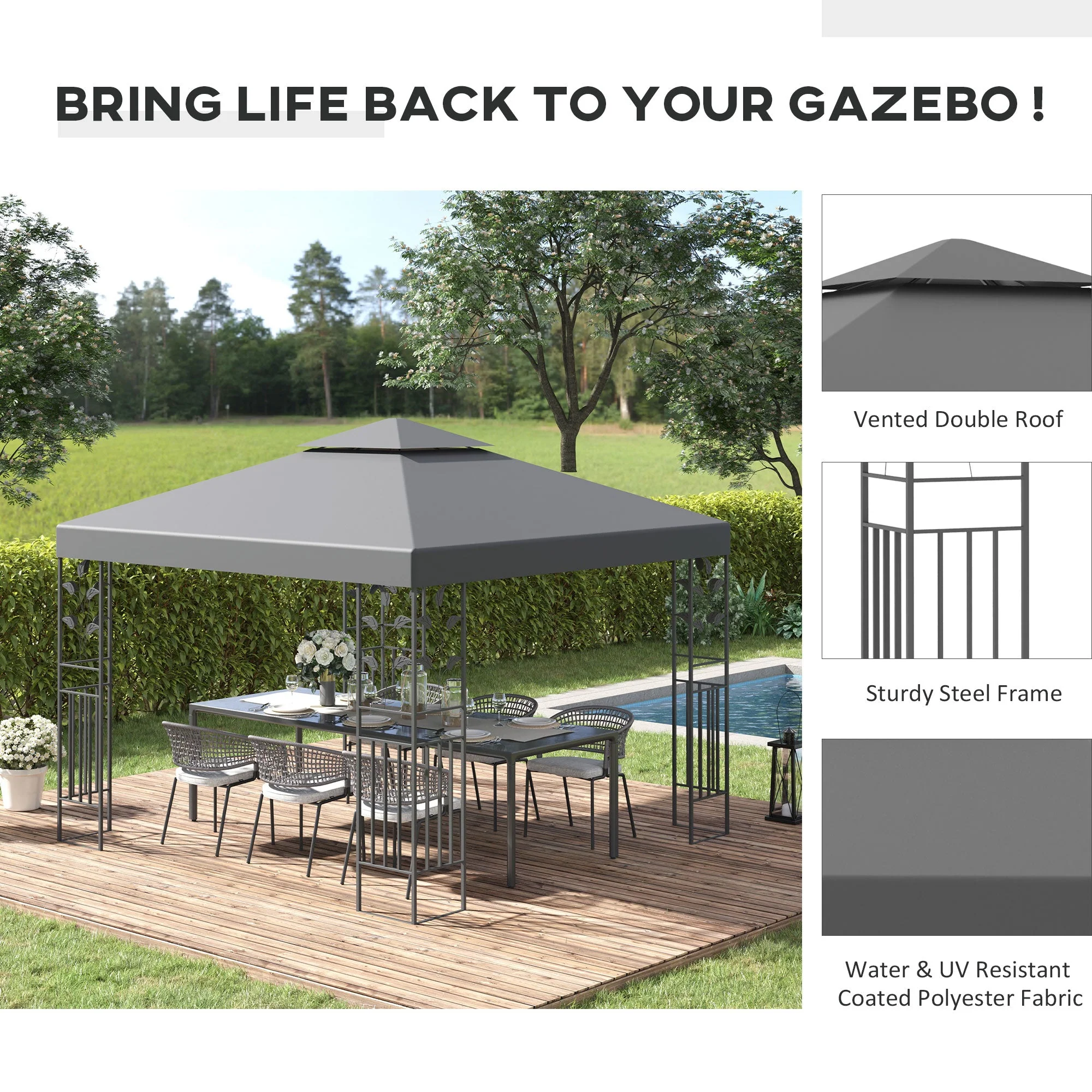 3 x 3m Outdoor Steel Gazebo with 2 Tier Roof - Image 4