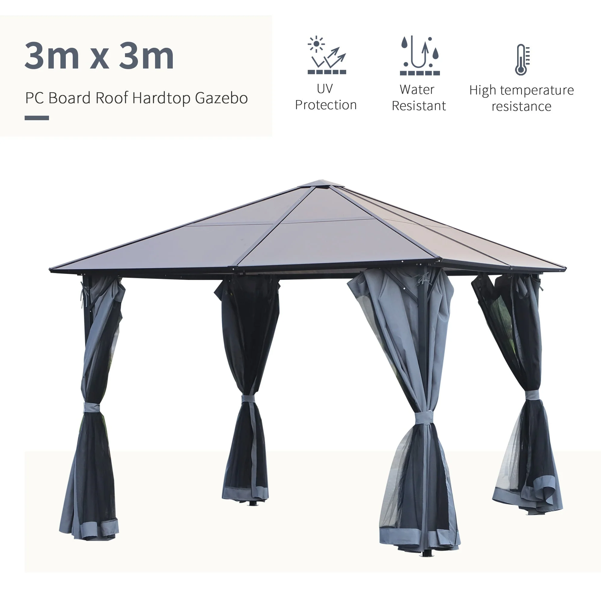 3 x 4m Garden Aluminium Gazebo Hardtop Roof Canopy Marquee Party Tent Patio Outdoor Shelter with Mesh Curtains & Side Walls - Grey - Image 4