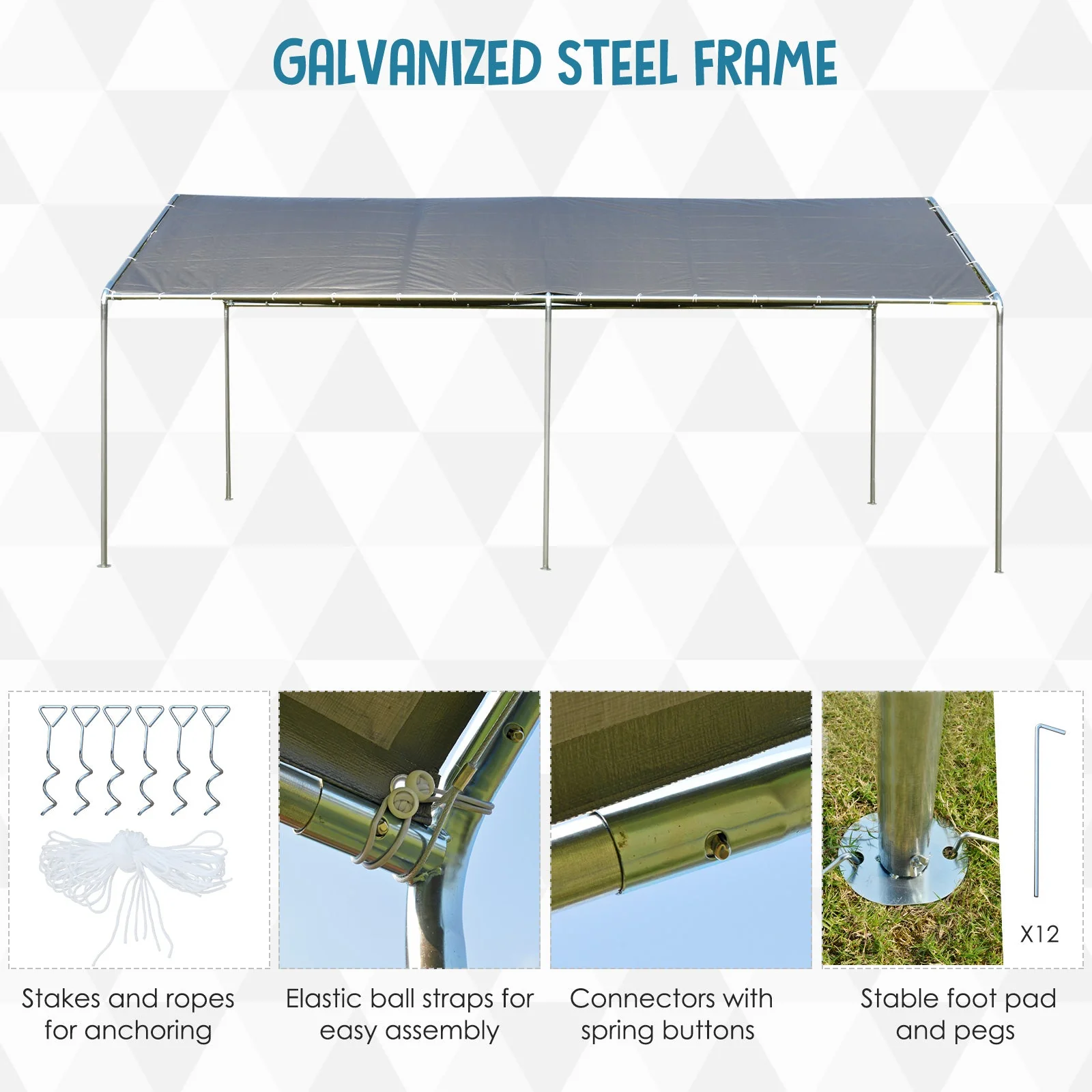 3 x 6m Heavy Duty Carport Garage Car Shelter Galvanized Steel Outdoor Open Canopy Tent Water UV Resistant Waterproof - Image 4