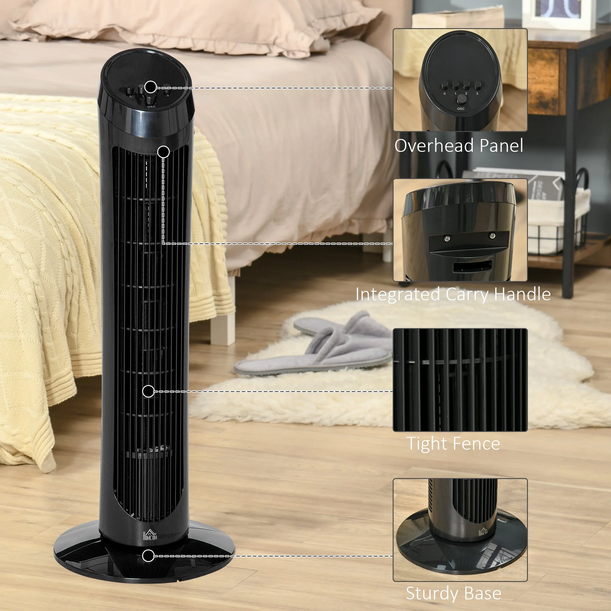 30" Oscillating Tower Fan 3 Speed Mode Ultra Slim Indoor Air Refresher Cooling Machine Noise Reduction - Black - Image 6