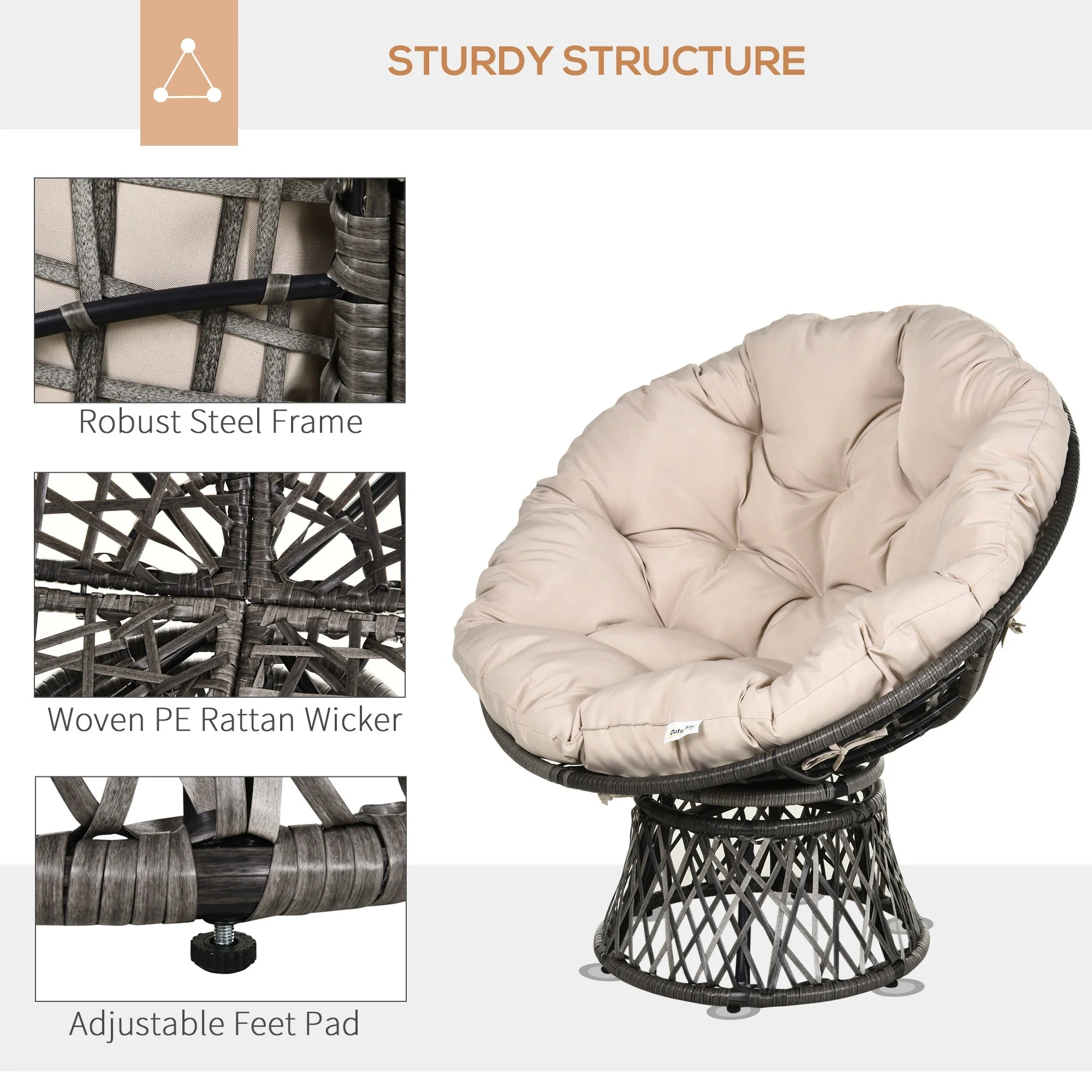 360° Swivel Rattan Chair Outdoor Wicker Chairs w/ Padded Cushion - Image 3