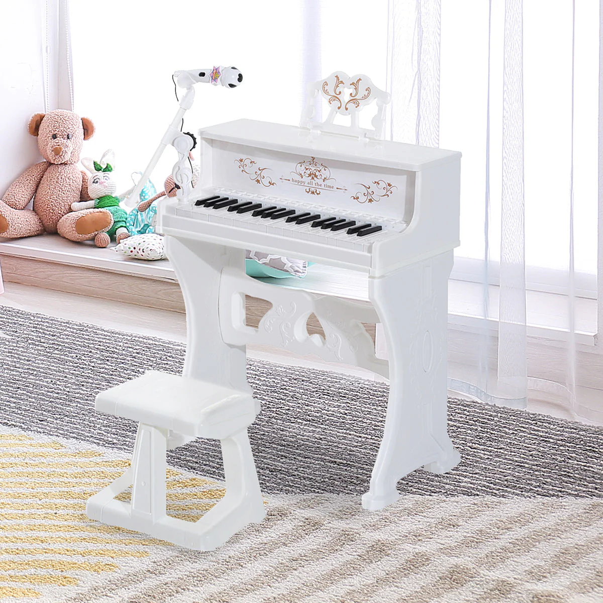 37 Keys Kids Piano Mini Electronic Keyboard Light Kids Musical Instrument Educational Game Children Grand Piano Toy Set w/Stool & Microphone & Music Stand White - Image 2